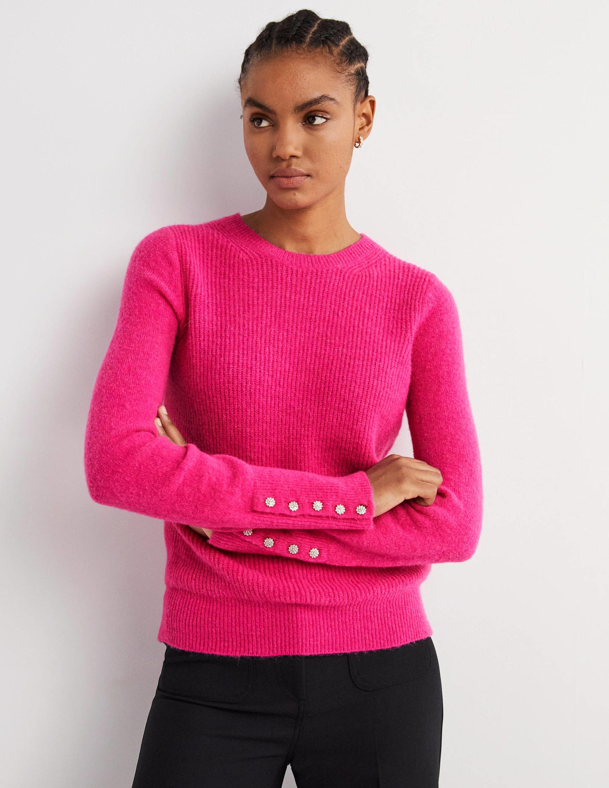 Flauschiger Pullover mit Schmucksteinknöpfen-Wassermelonenrosa-1