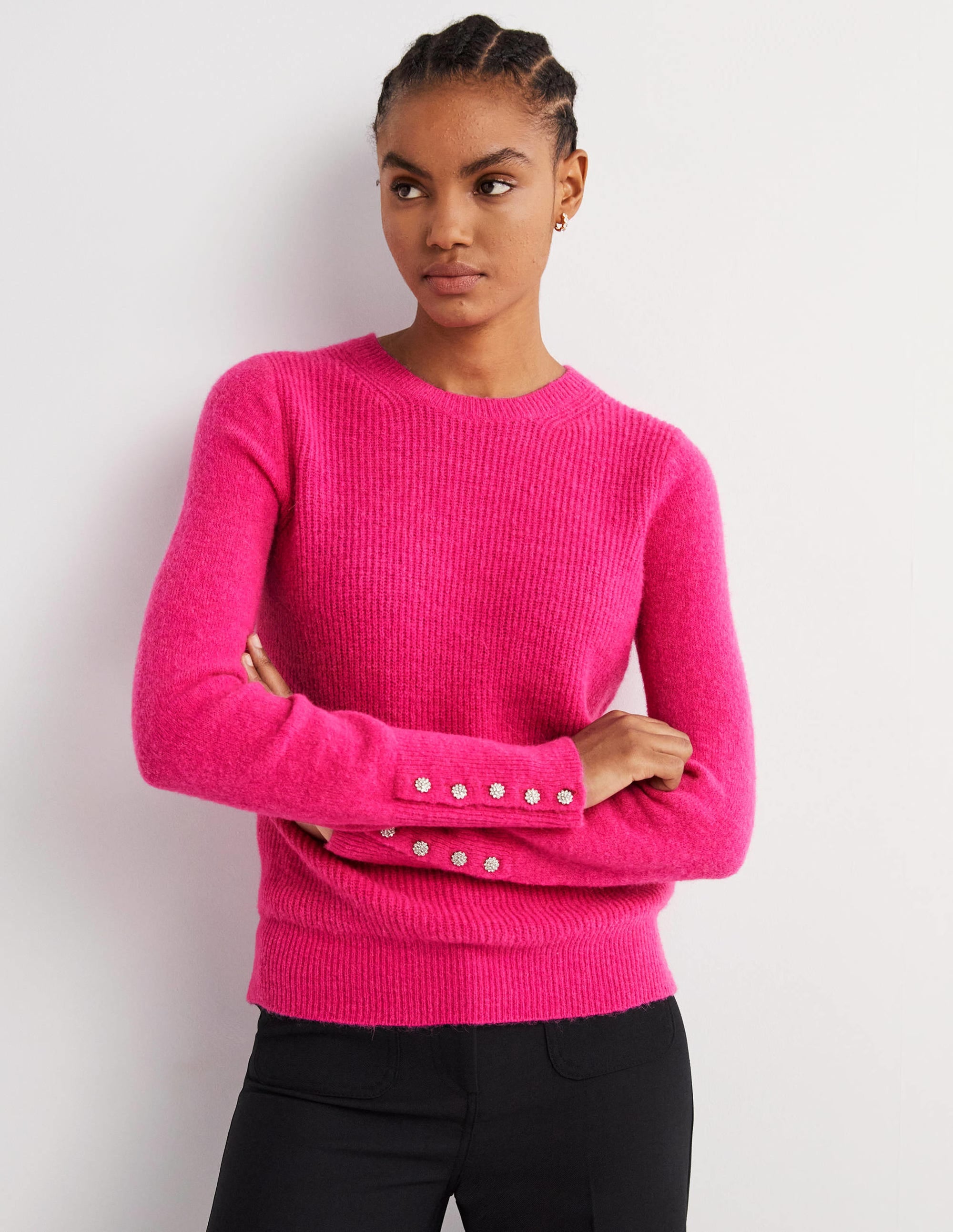 Flauschiger Pullover mit Schmucksteinknöpfen-Wassermelonenrosa - Image 1