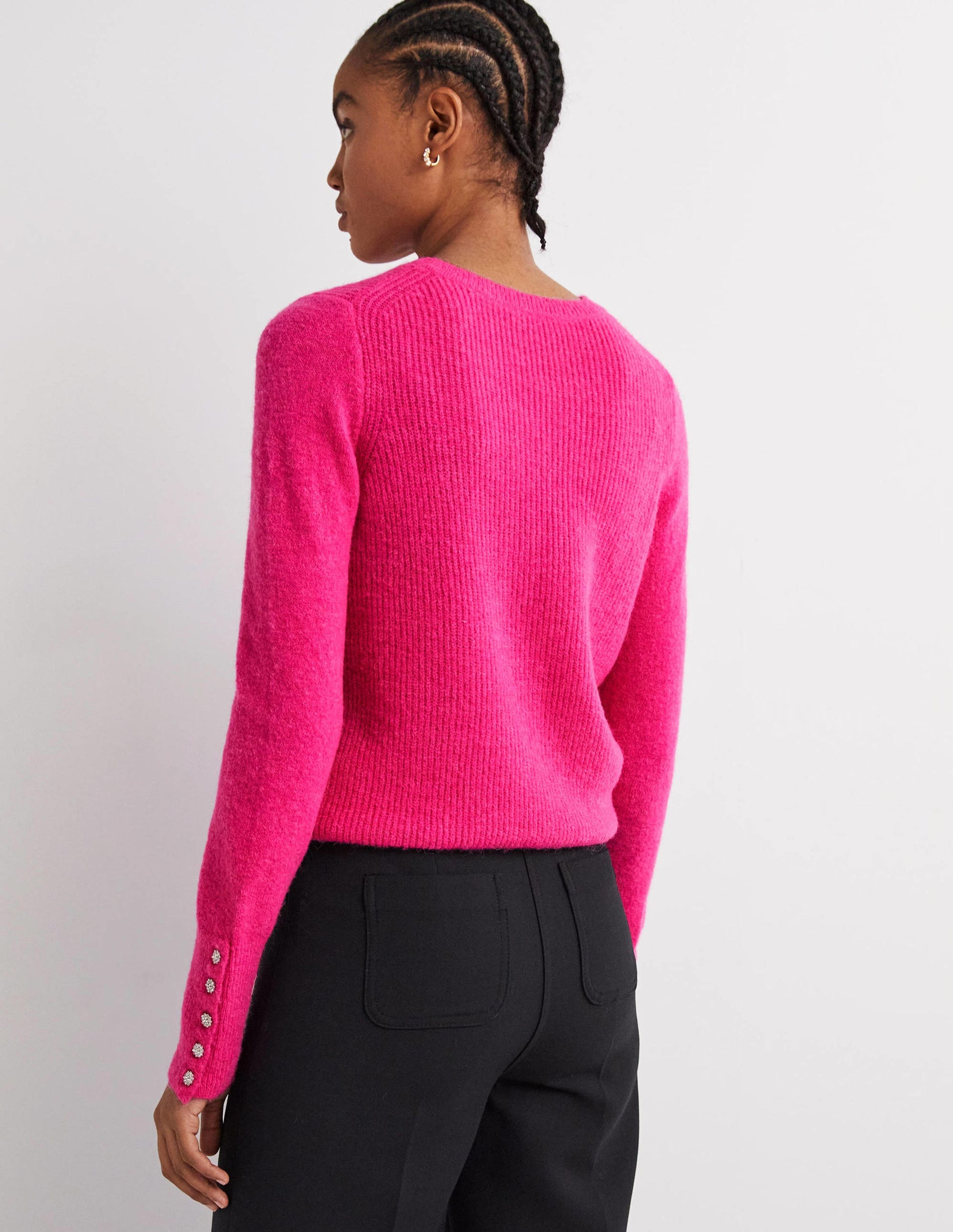 Flauschiger Pullover mit Schmucksteinknöpfen-Wassermelonenrosa-3