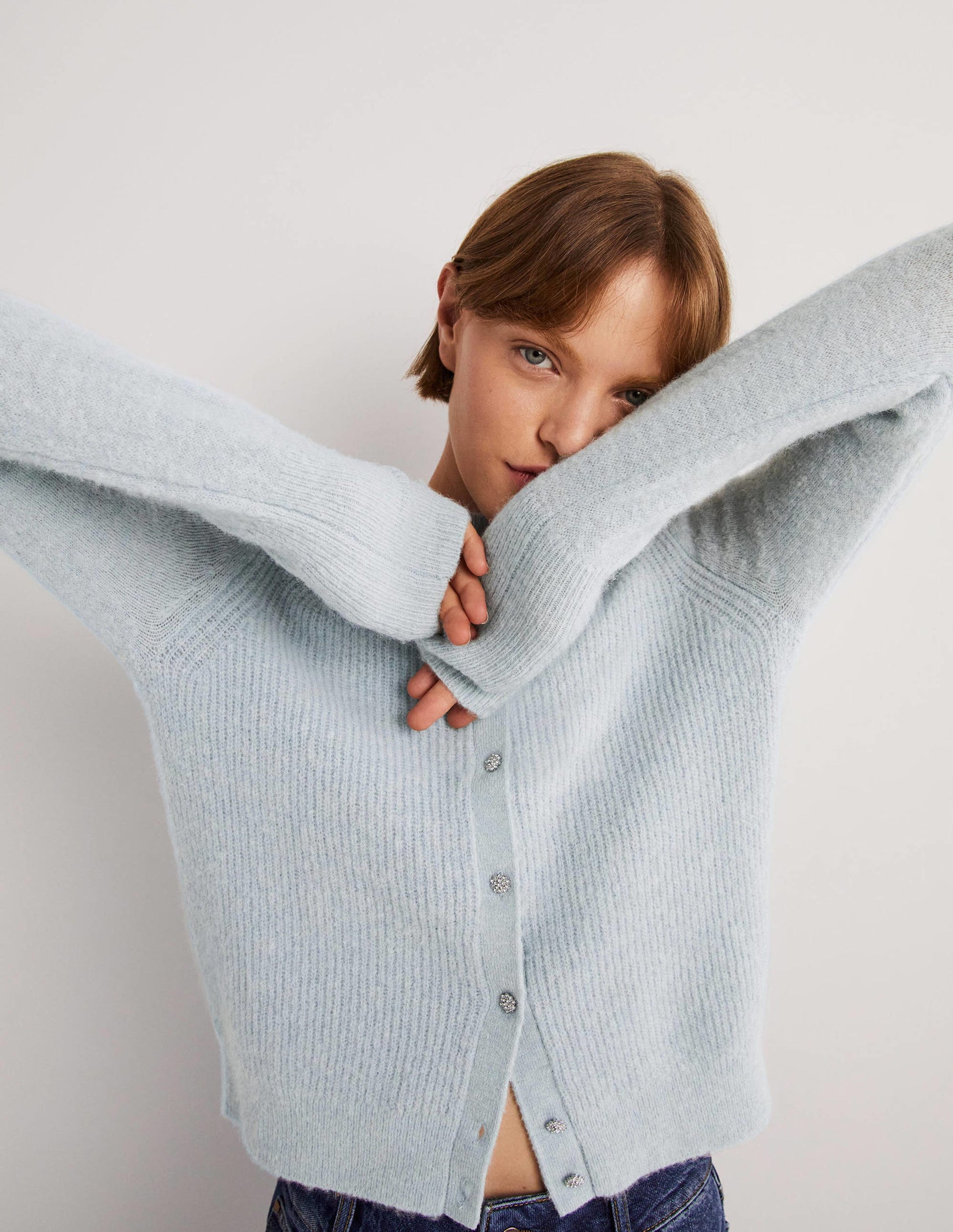 Gilet duveteux à boutons ornementés-Bleu surf-5