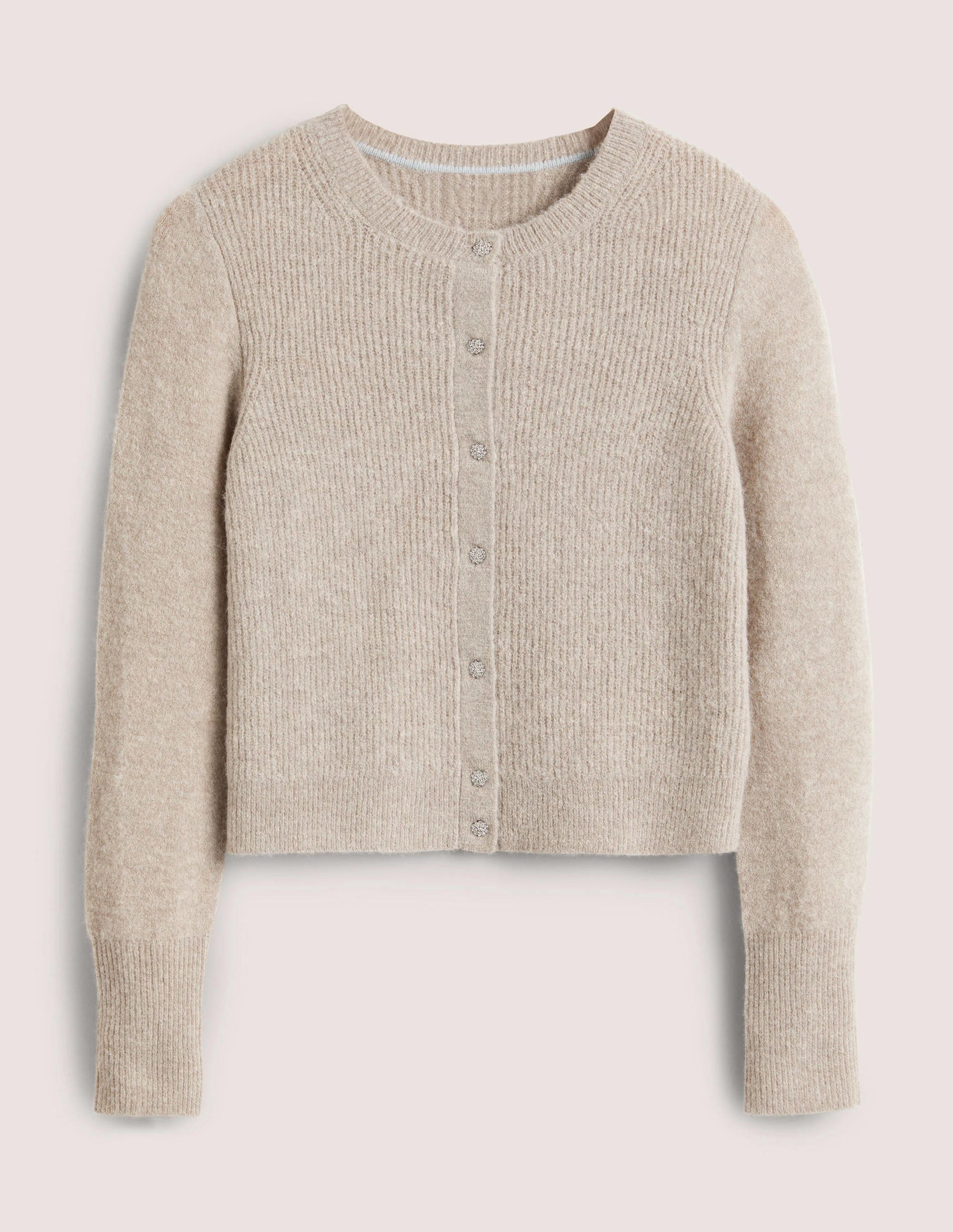 Beige Jewel Button Fluffy Cardigan-Mink Melange-6