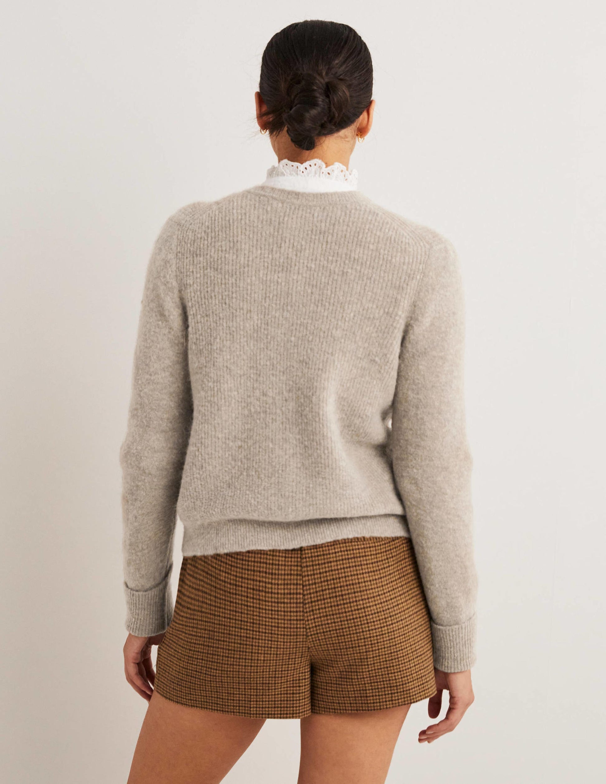 Beige Jewel Button Fluffy Cardigan-Mink Melange-3