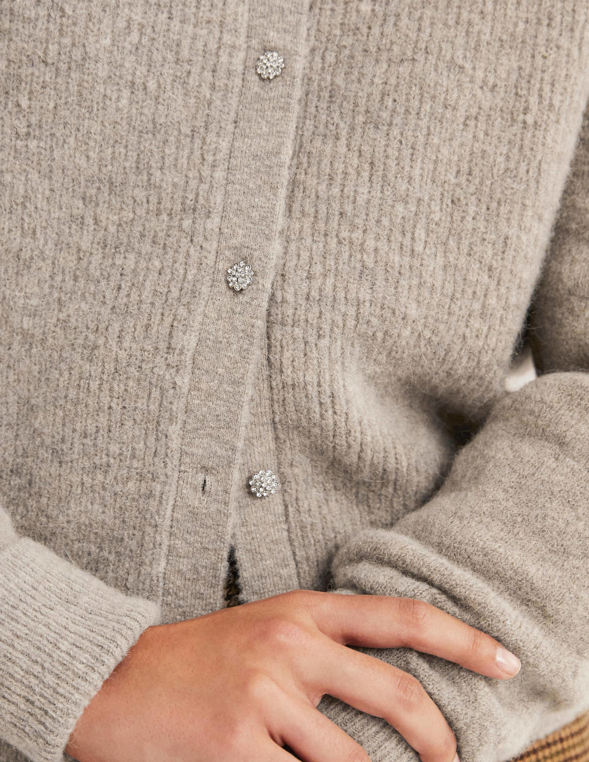 Beige Jewel Button Fluffy Cardigan-Mink Melange-4