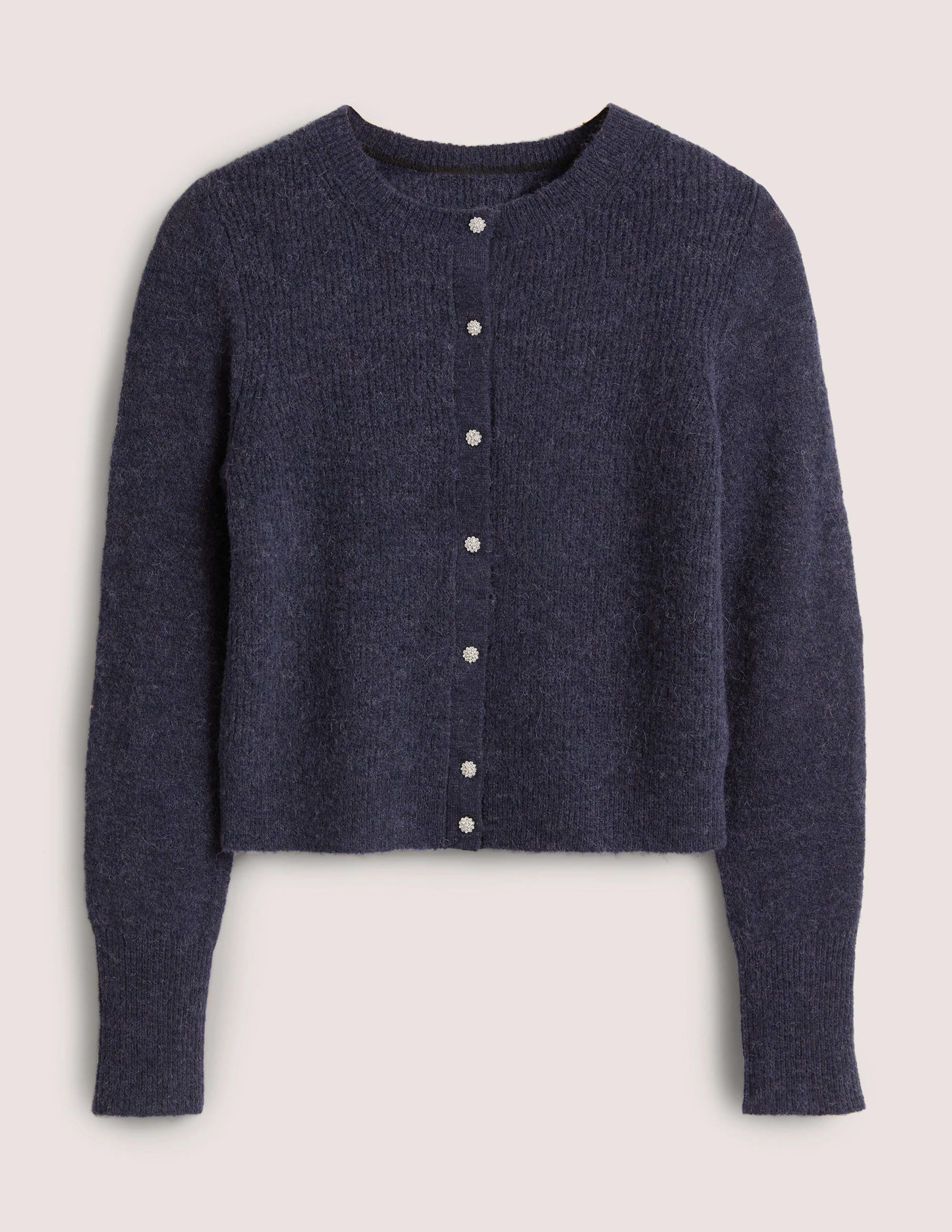 Navy Jewel Button Fluffy Cardigan-Bleu marine - Image 5