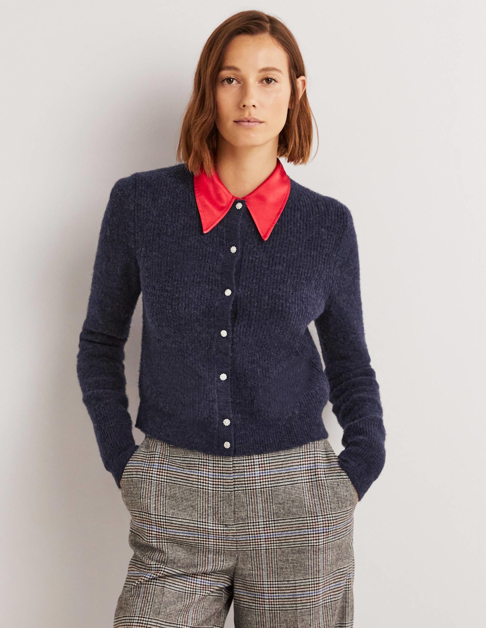 Navy Jewel Button Fluffy Cardigan-Bleu marine - Image 1