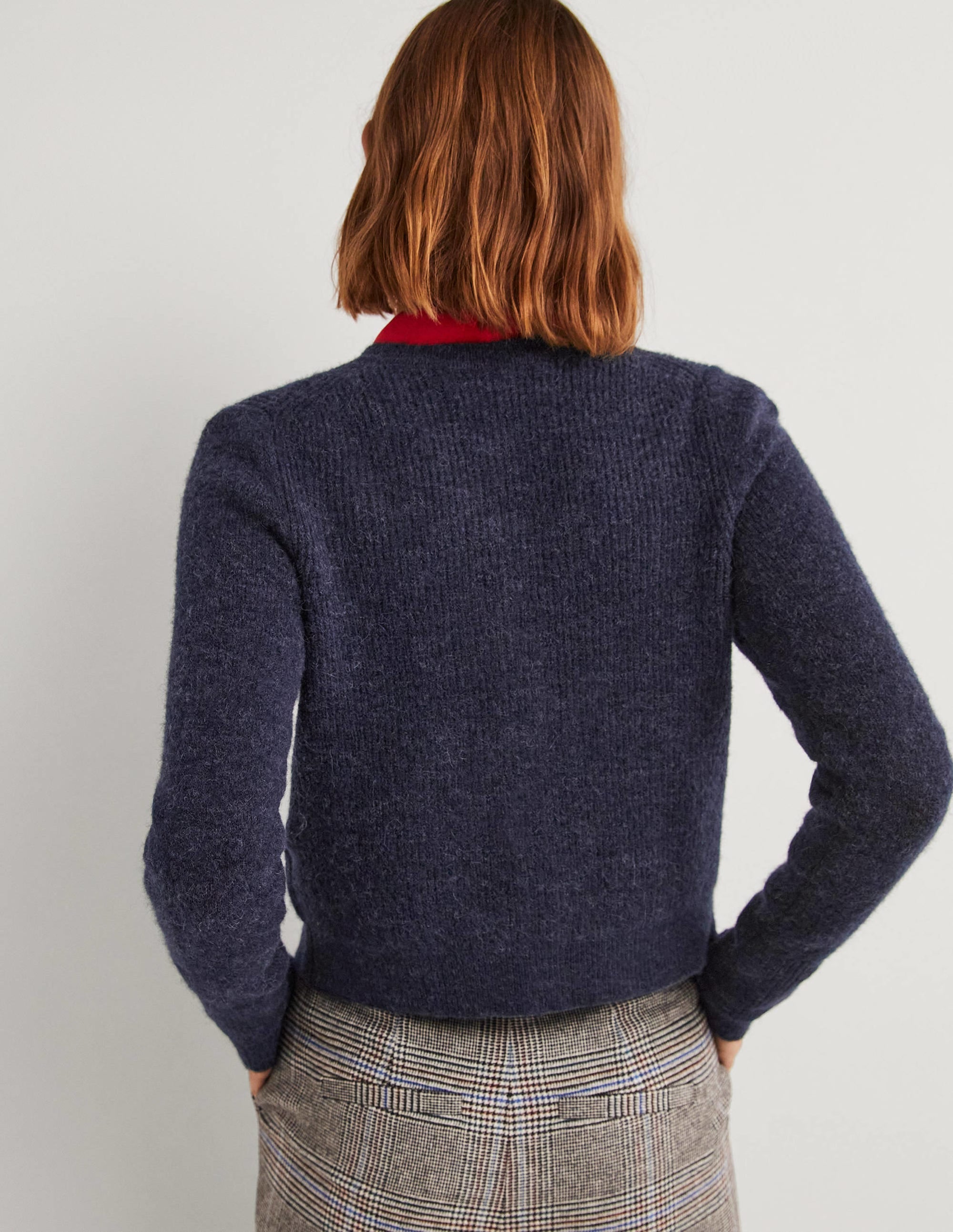 Navy Jewel Button Fluffy Cardigan-Bleu marine - Image 3