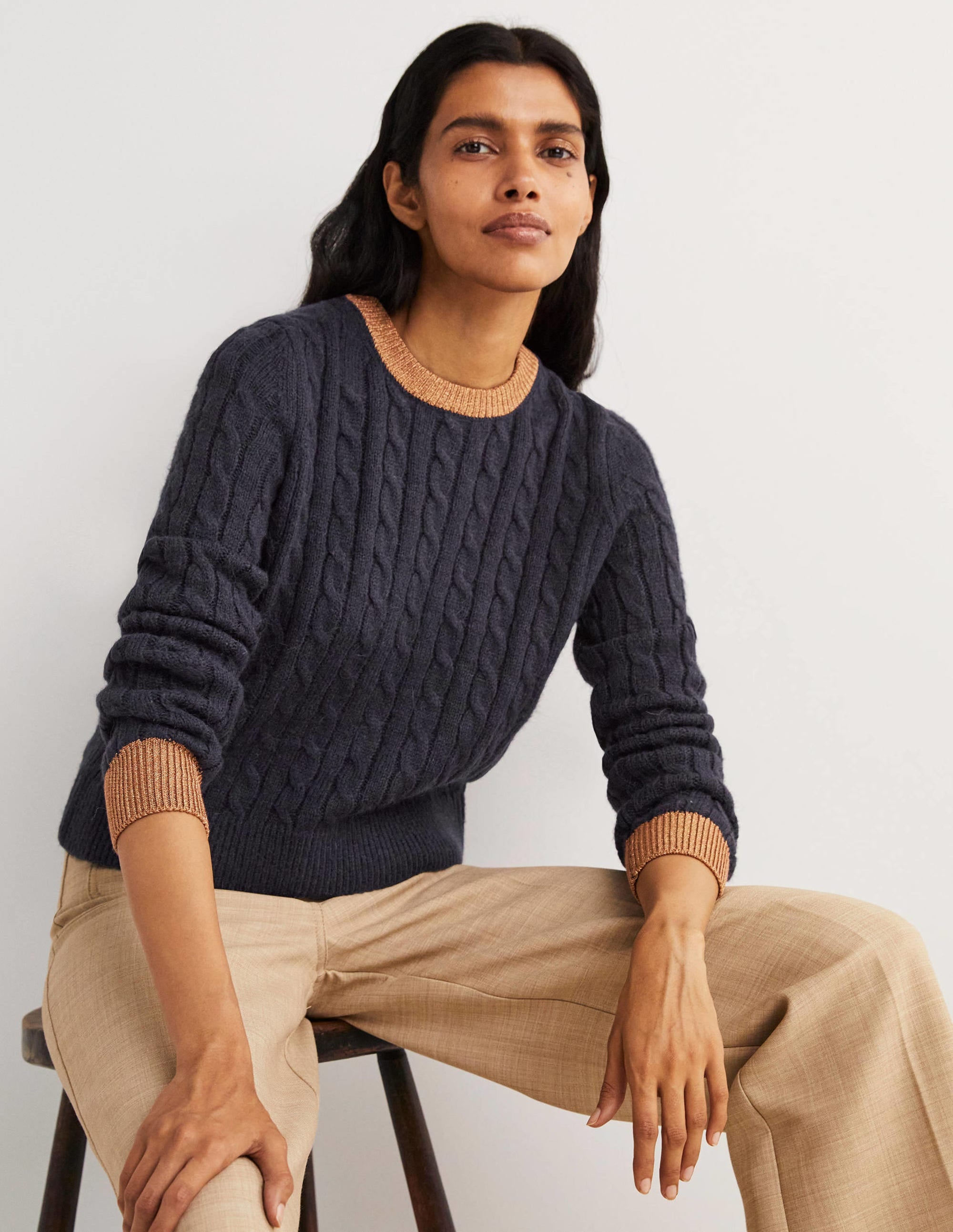 Flauschiger Pullover mit Glitzerzopftrick-Navy, Goldglitzer - Image 1