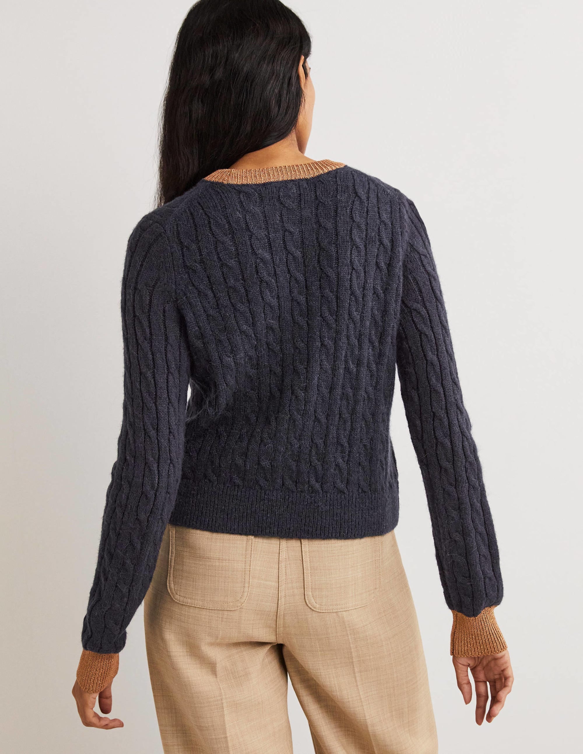 Flauschiger Pullover mit Glitzerzopftrick-Navy, Goldglitzer - Image 3