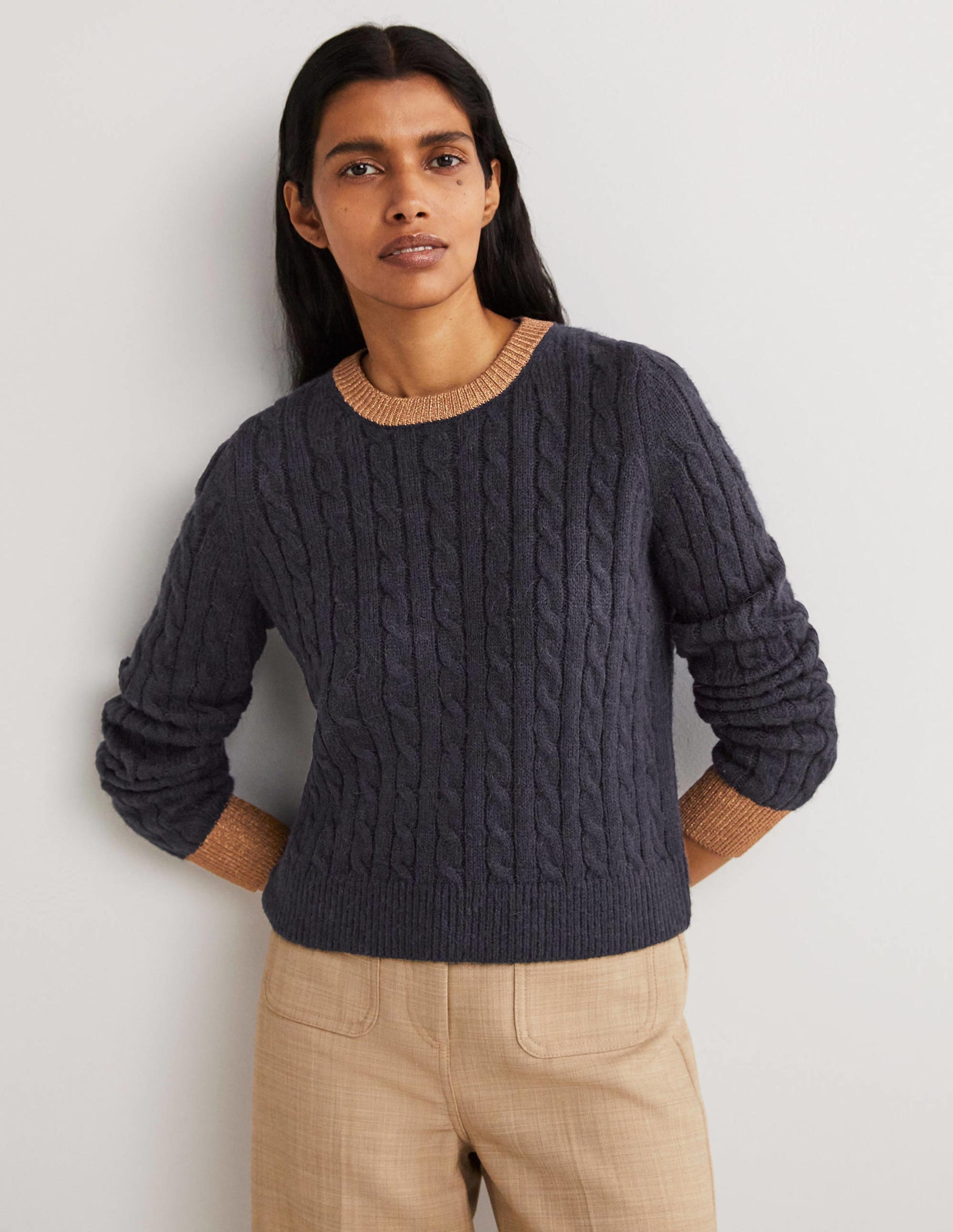 Flauschiger Pullover mit Glitzerzopftrick-Navy, Goldglitzer-4