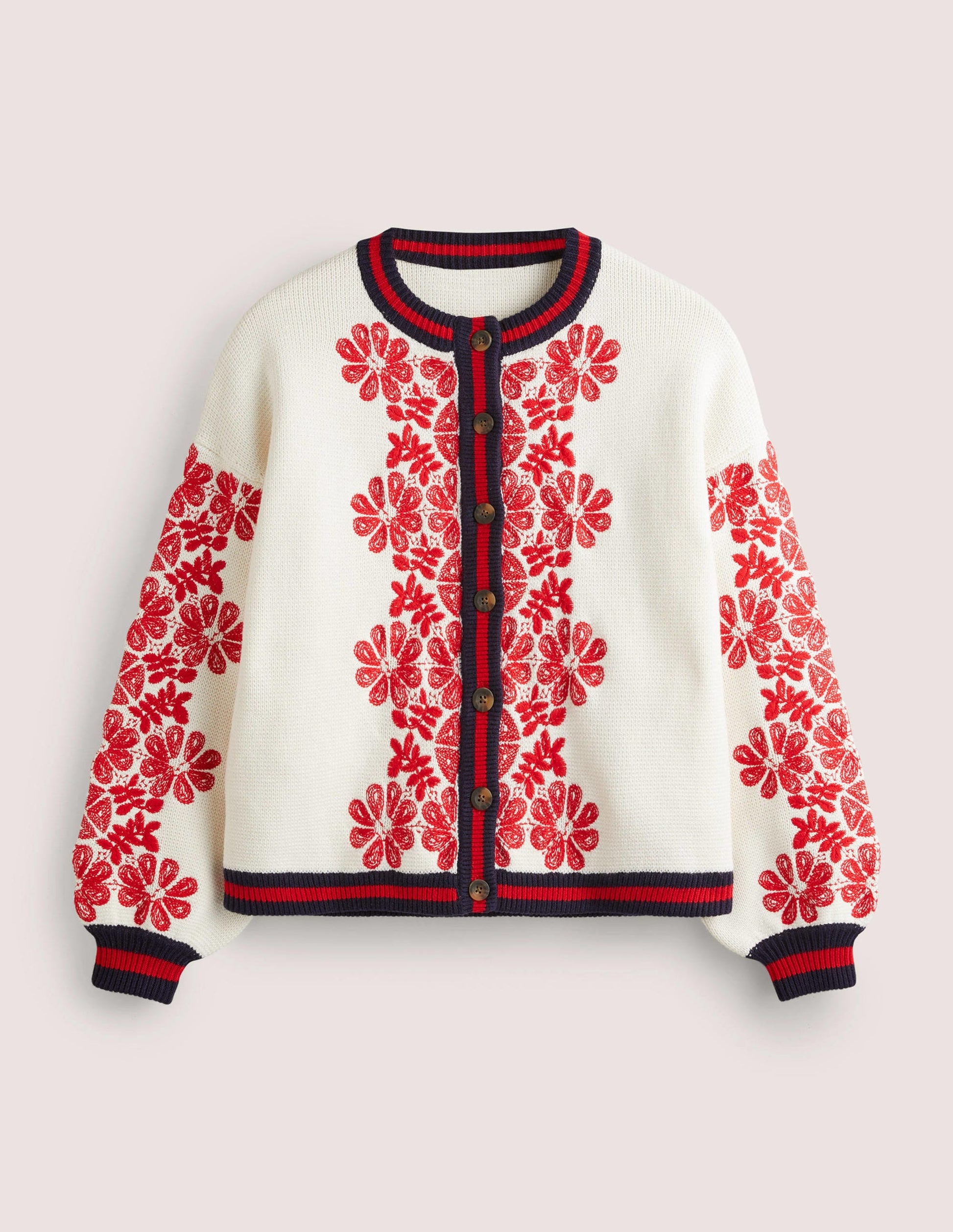 Gestrickte Bomberjacke-Naturweiß/Rot, Stickerei-8