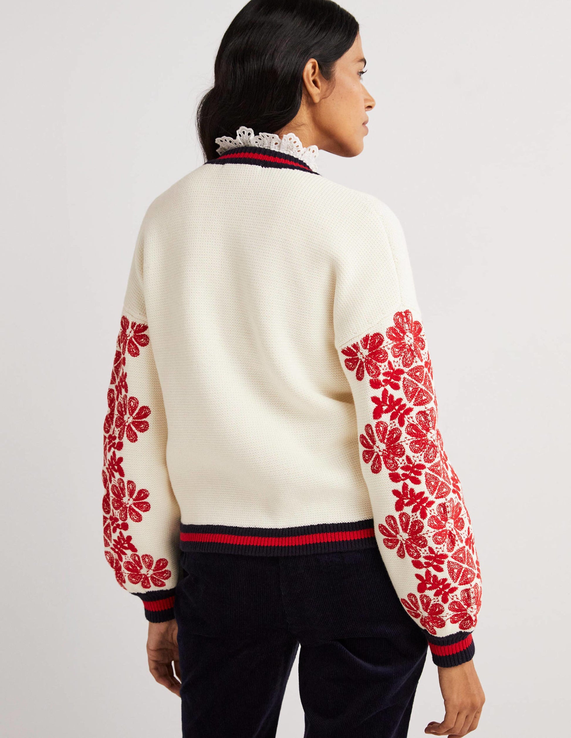 Gestrickte Bomberjacke-Naturweiß/Rot, Stickerei-3