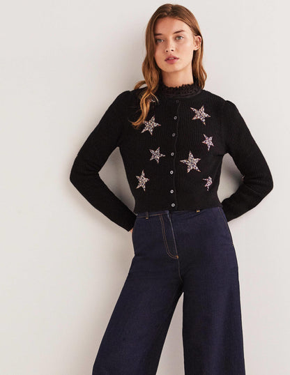Black Star-Embellished Ribbed Cardigan-Schwarz, Verzierte Sterne-1