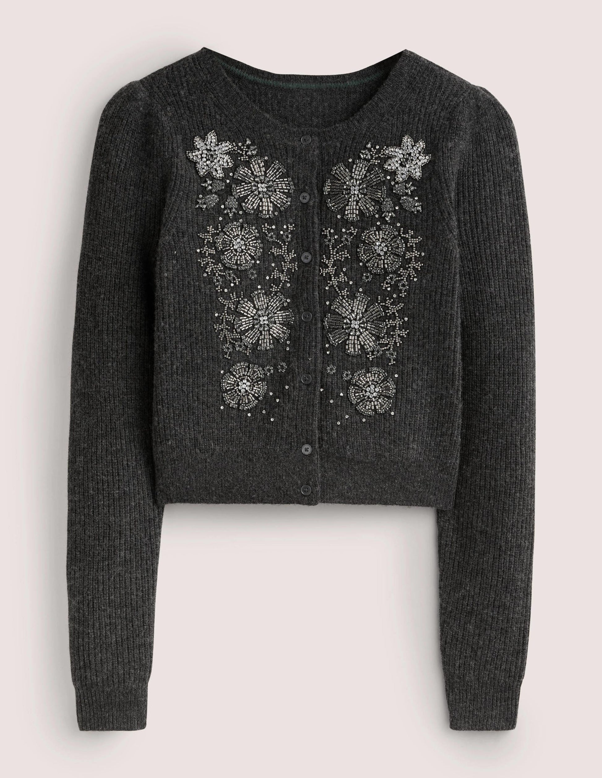 Embellished Ribbed Cardigan-Charcoal Melange-10