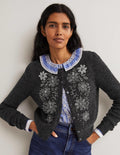 Embellished Ribbed Cardigan-Charcoal Melange