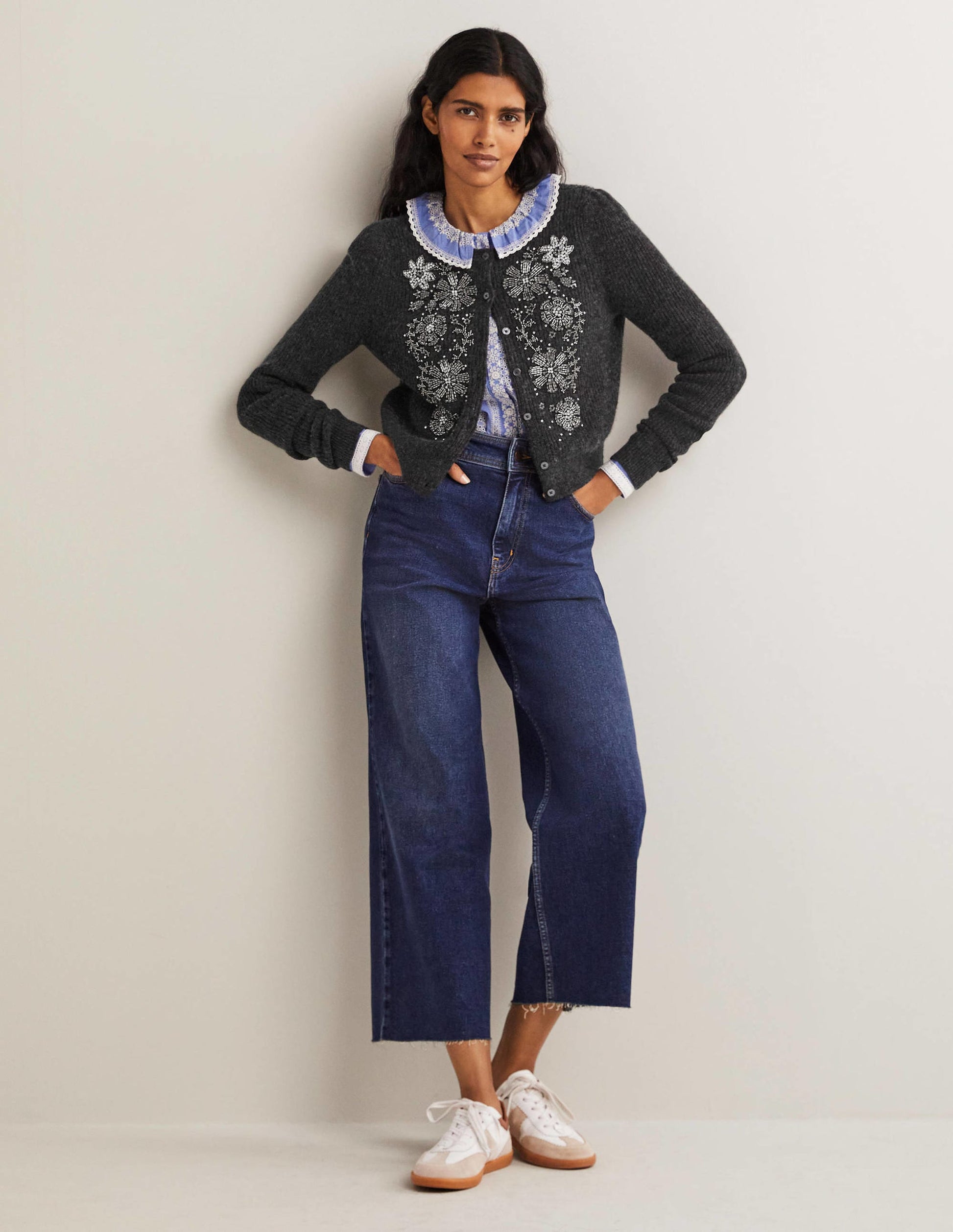 Embellished Ribbed Cardigan-Charcoal Melange-5
