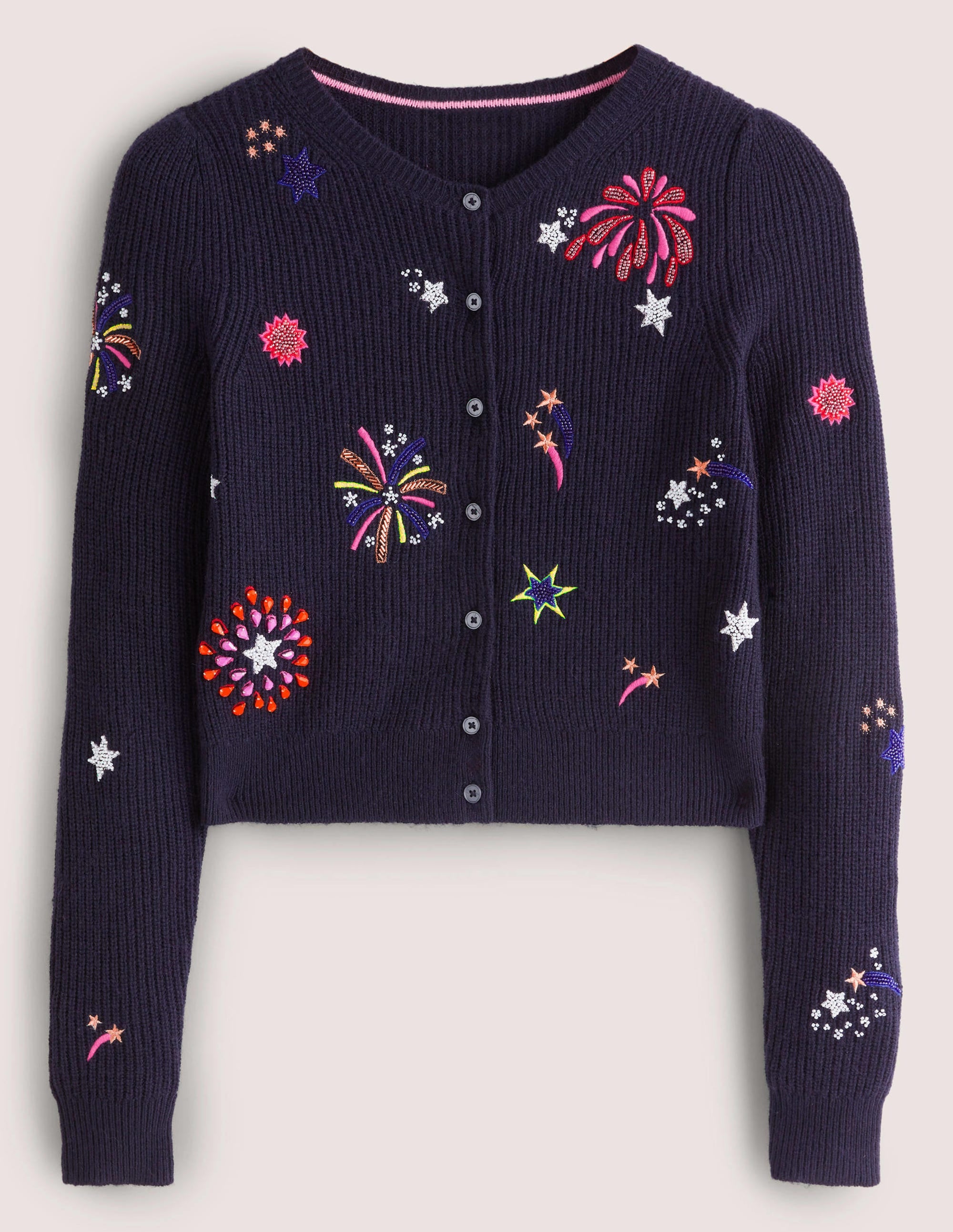 Navy Fireworks-Embellished Ribbed Cardigan-Bleu marine, feux d'artifice ornementés - Image 5