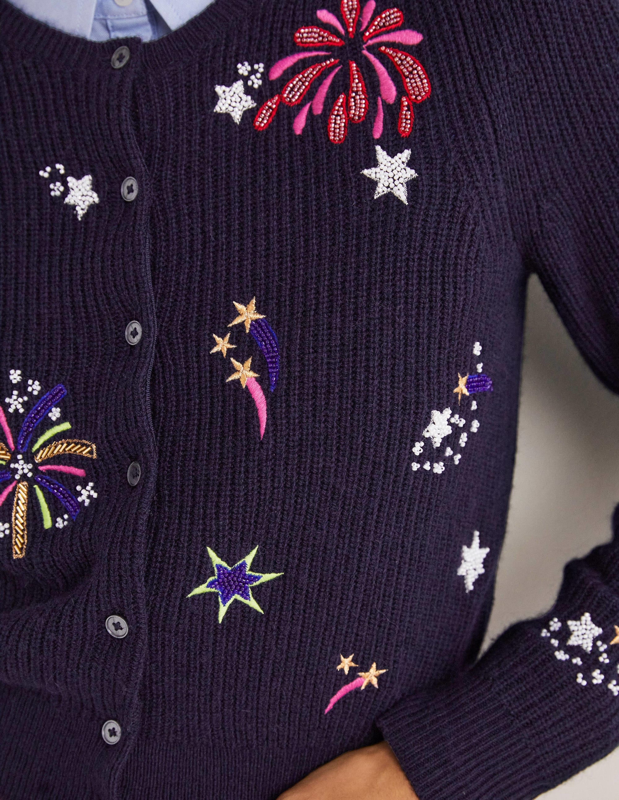 Navy Fireworks-Embellished Ribbed Cardigan-Bleu marine, feux d'artifice ornementés - Image 2