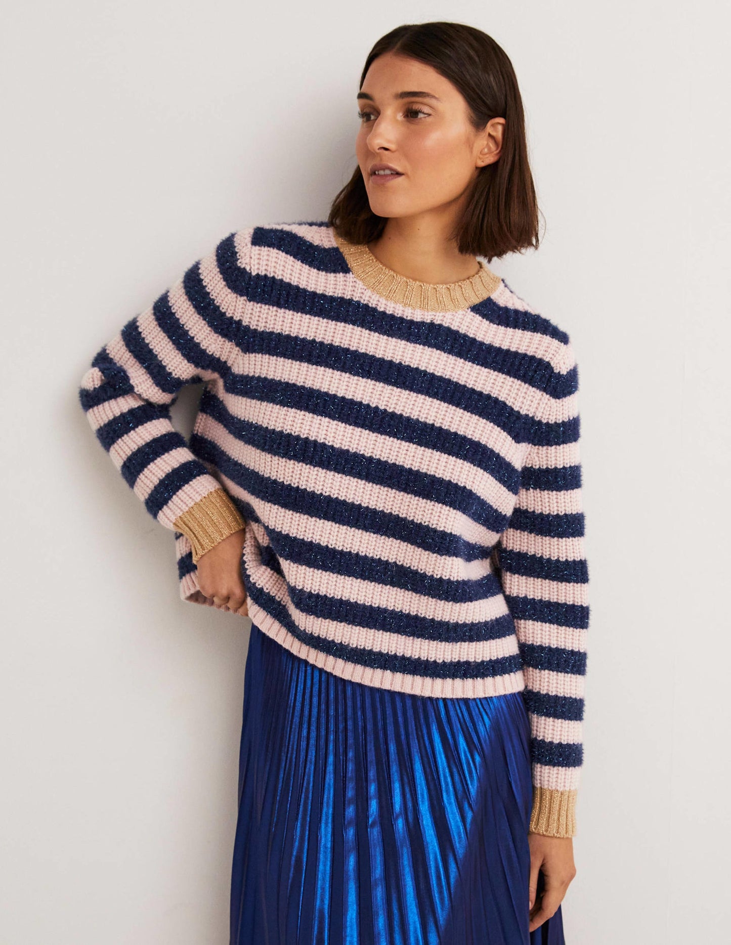 Navy Sparkle Stripe Ribbed Jumper-Bleu marine, rayé guirlande rose