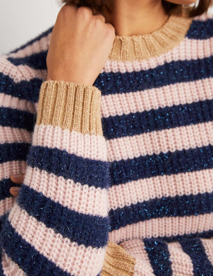 Navy Sparkle Stripe Ribbed Jumper-Bleu marine, rayé guirlande rose-2