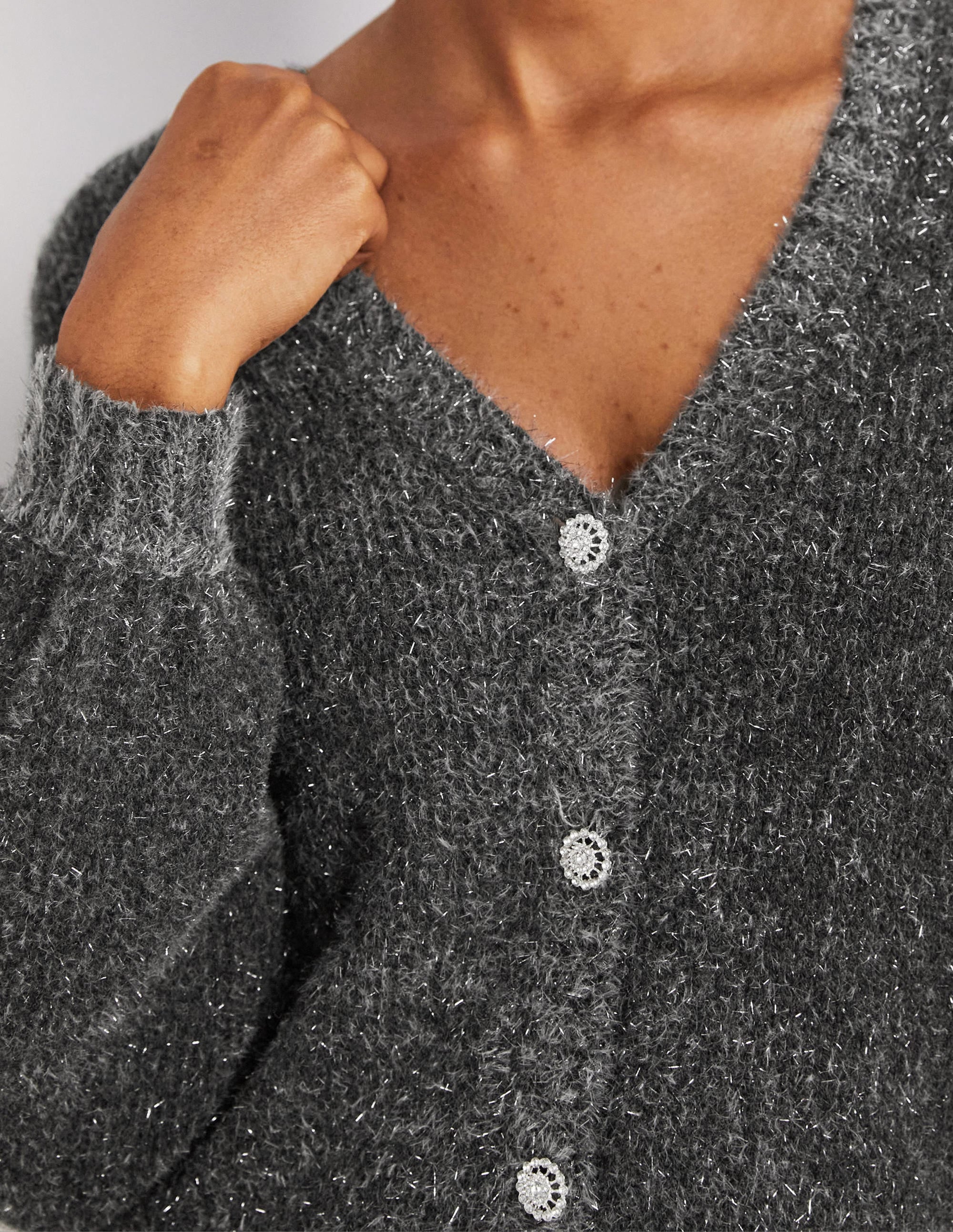 Metallic Fluffy Cardigan-Charcoal Melange, Silver - Image 3