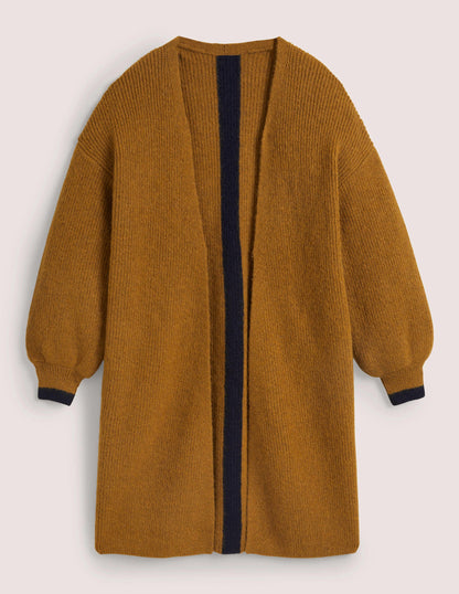 Flauschiger langer Cardigan-Karamellbonbonbraun, Navy