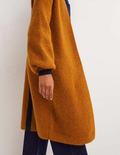 Flauschiger langer Cardigan-Karamellbonbonbraun, Navy