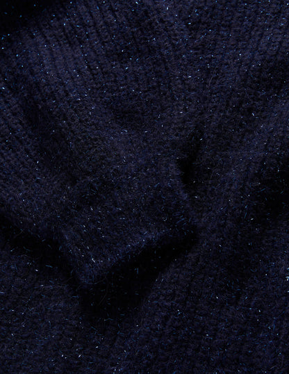 Navy Sparkle Ribbed Fluffy V-Neck Jumper-Étincelle bleu marine-6