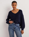 Navy Sparkle Ribbed Fluffy V-Neck Jumper-Navy, Glitzer