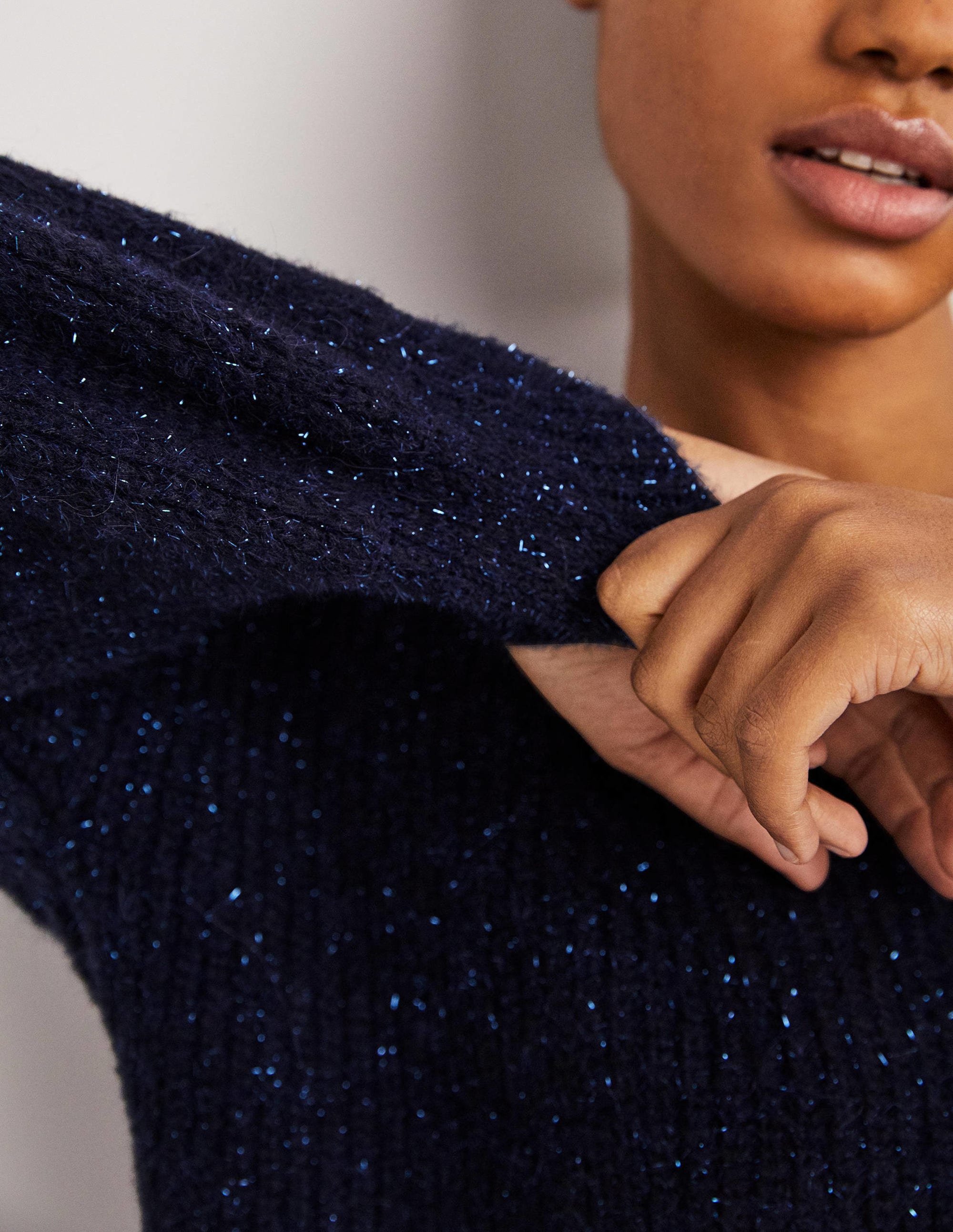 Navy Sparkle Ribbed Fluffy V-Neck Jumper-Navy, Glitzer - Image 2