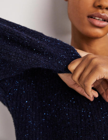 Navy Sparkle Ribbed Fluffy V-Neck Jumper-Étincelle bleu marine-2