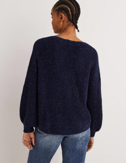 Navy Sparkle Ribbed Fluffy V-Neck Jumper-Étincelle bleu marine-3