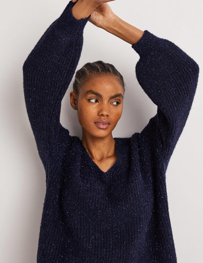 Navy Sparkle Ribbed Fluffy V-Neck Jumper-Étincelle bleu marine-4