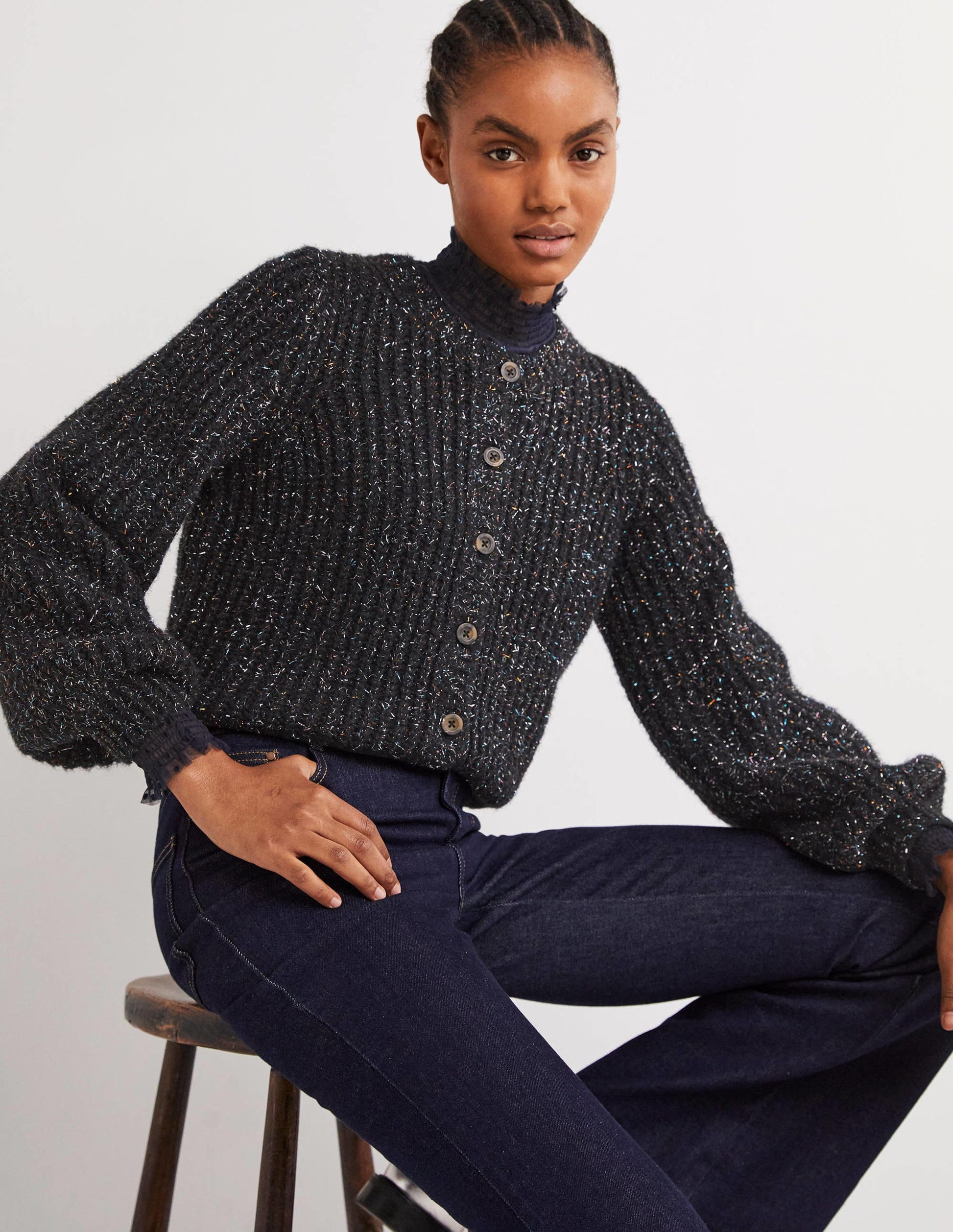 Black Chunky Ribbed Fluffy Cardigan-Black Sparkle-1