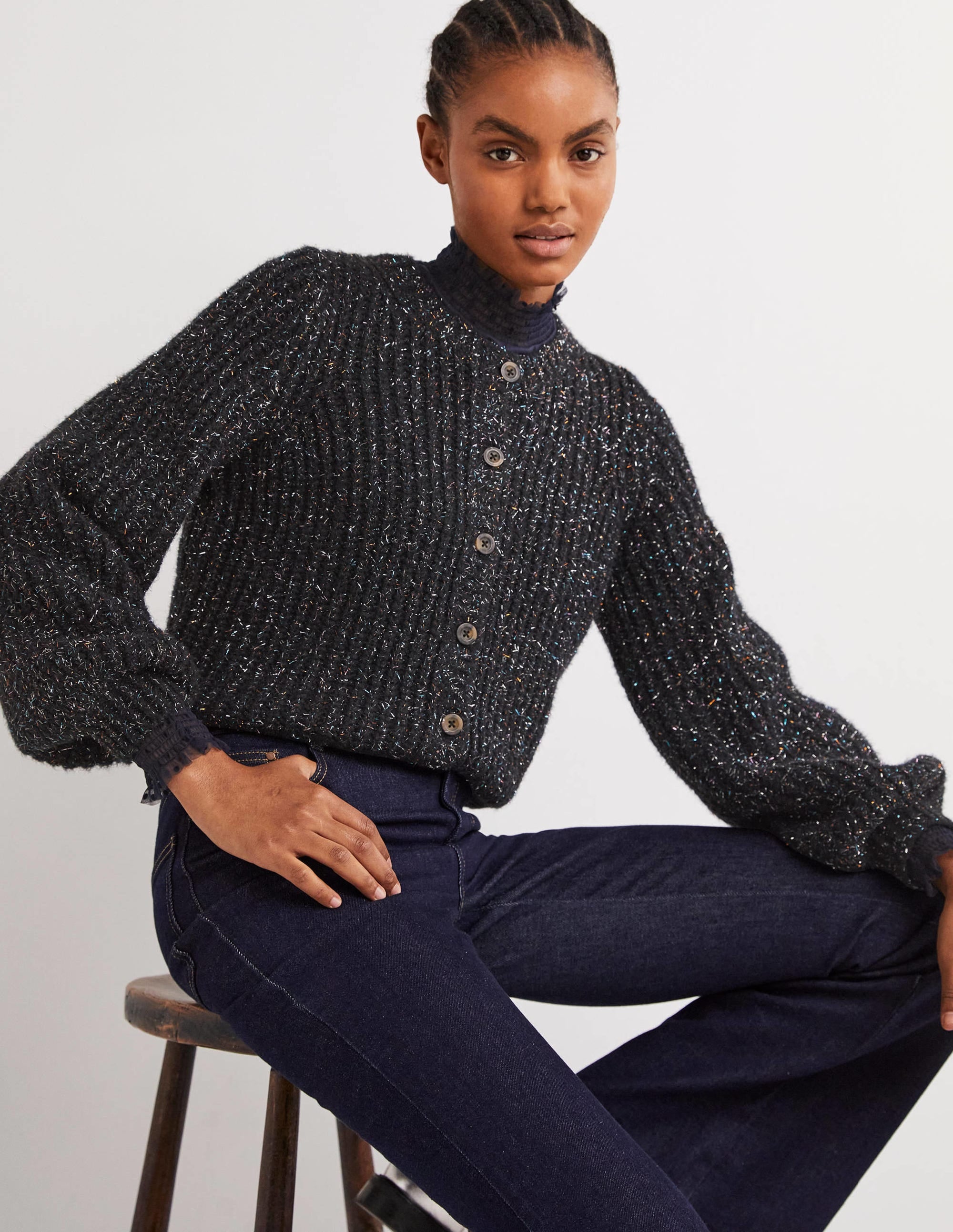 Black Chunky Ribbed Fluffy Cardigan-Black Sparkle - Image 1