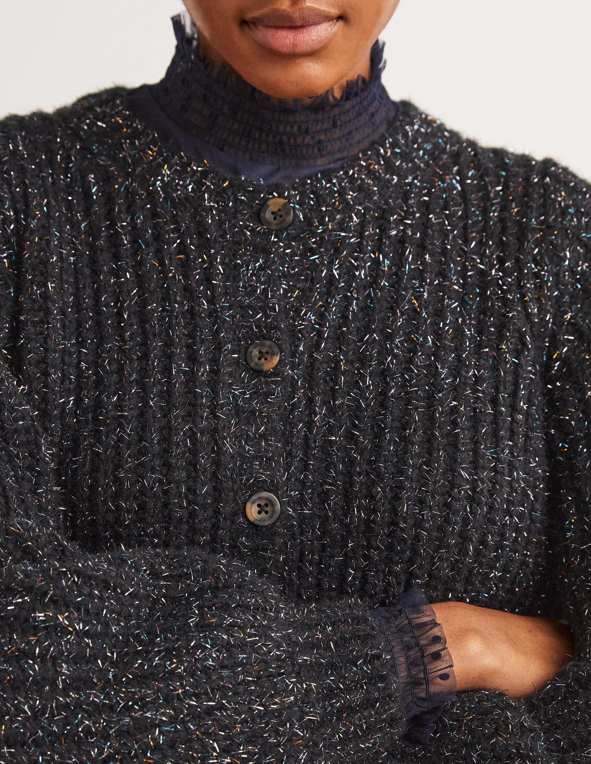 Black Chunky Ribbed Fluffy Cardigan-Black Sparkle-2