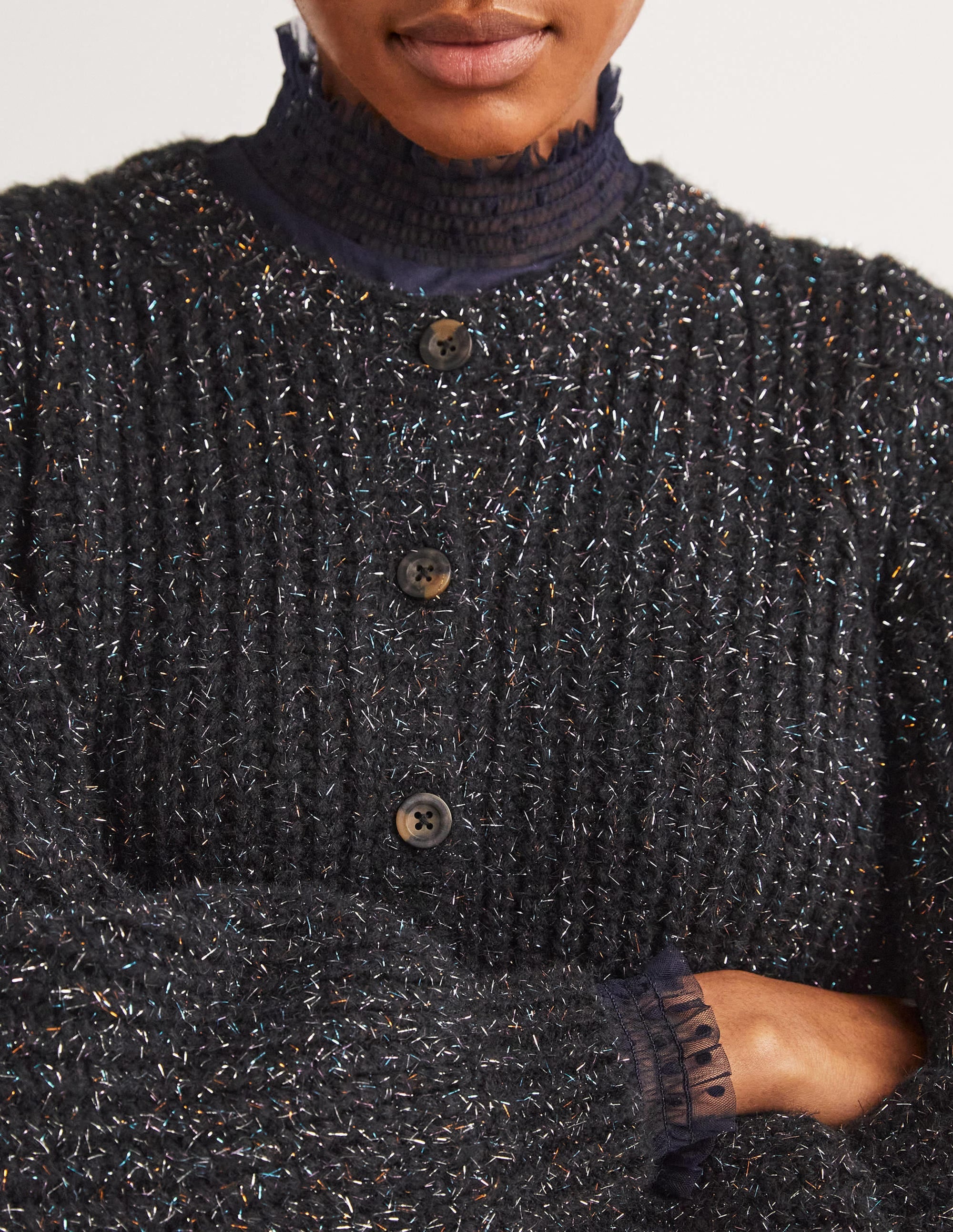 Black Chunky Ribbed Fluffy Cardigan-Black Sparkle - Image 2