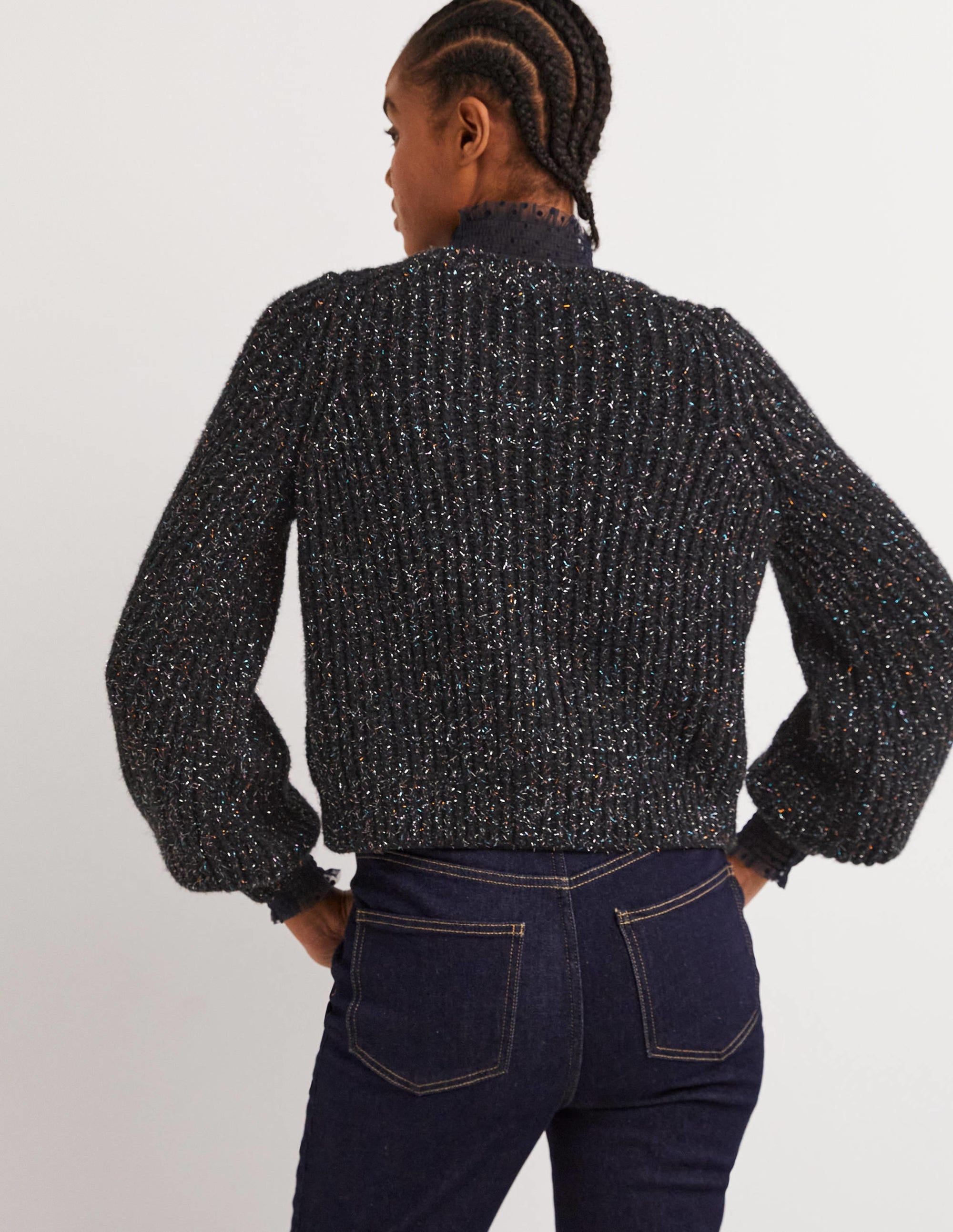 Black Chunky Ribbed Fluffy Cardigan-Black Sparkle - Image 3