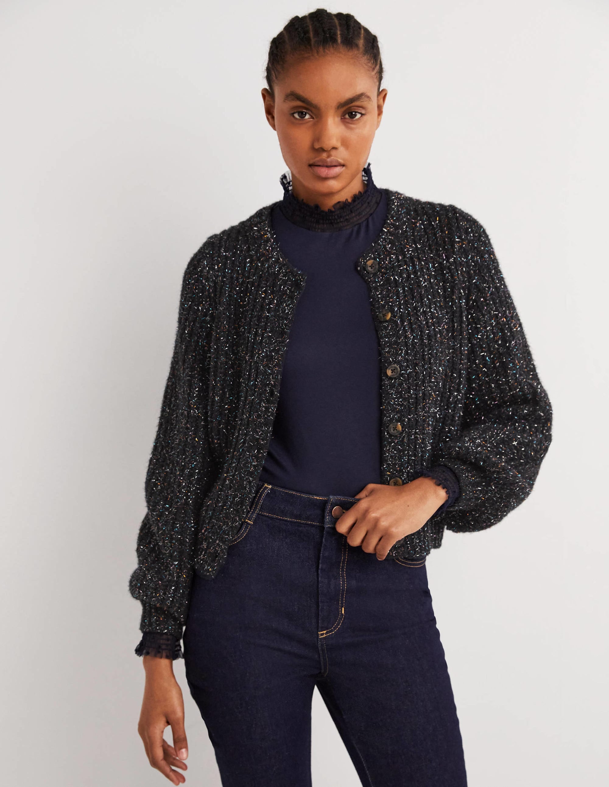 Black Chunky Ribbed Fluffy Cardigan-Black Sparkle - Image 4