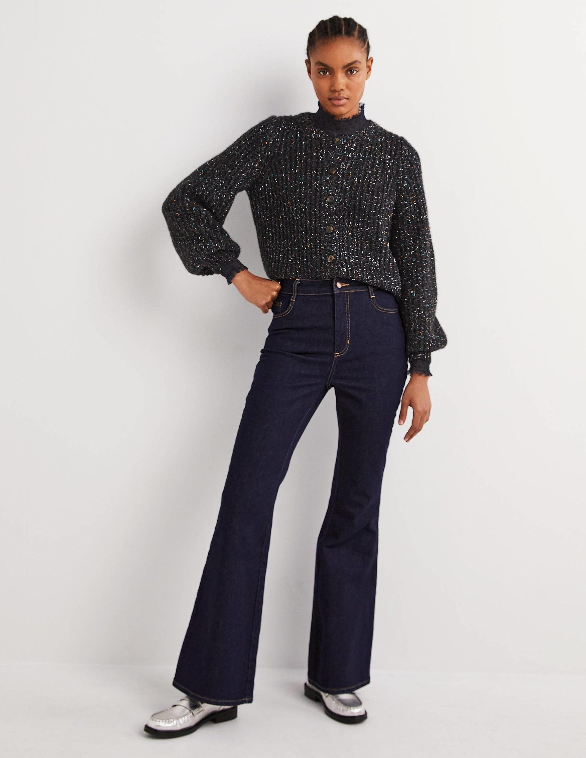Black Chunky Ribbed Fluffy Cardigan-Black Sparkle-5