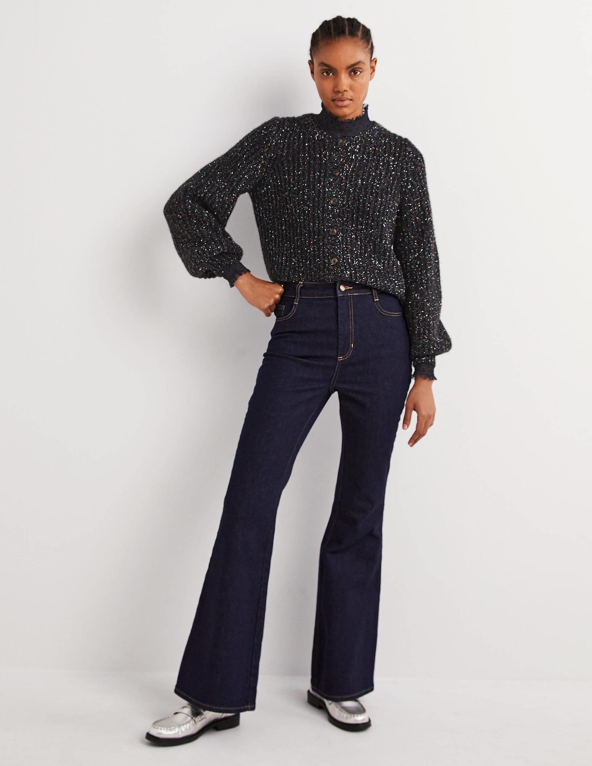 Black Chunky Ribbed Fluffy Cardigan-Black Sparkle - Image 5