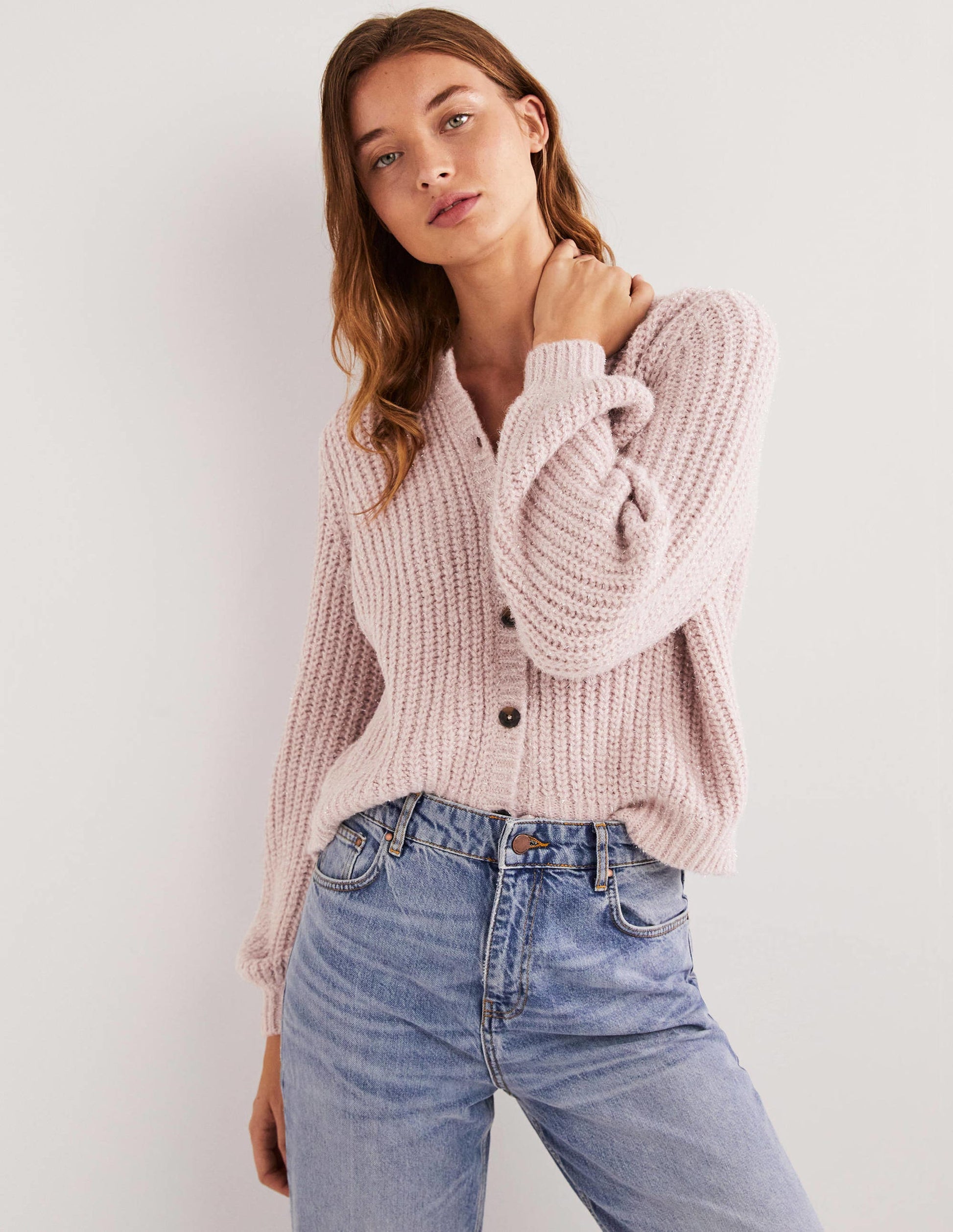 Light Pink Chunky Ribbed Fluffy Cardigan-Cameo Pink Sparkle-4