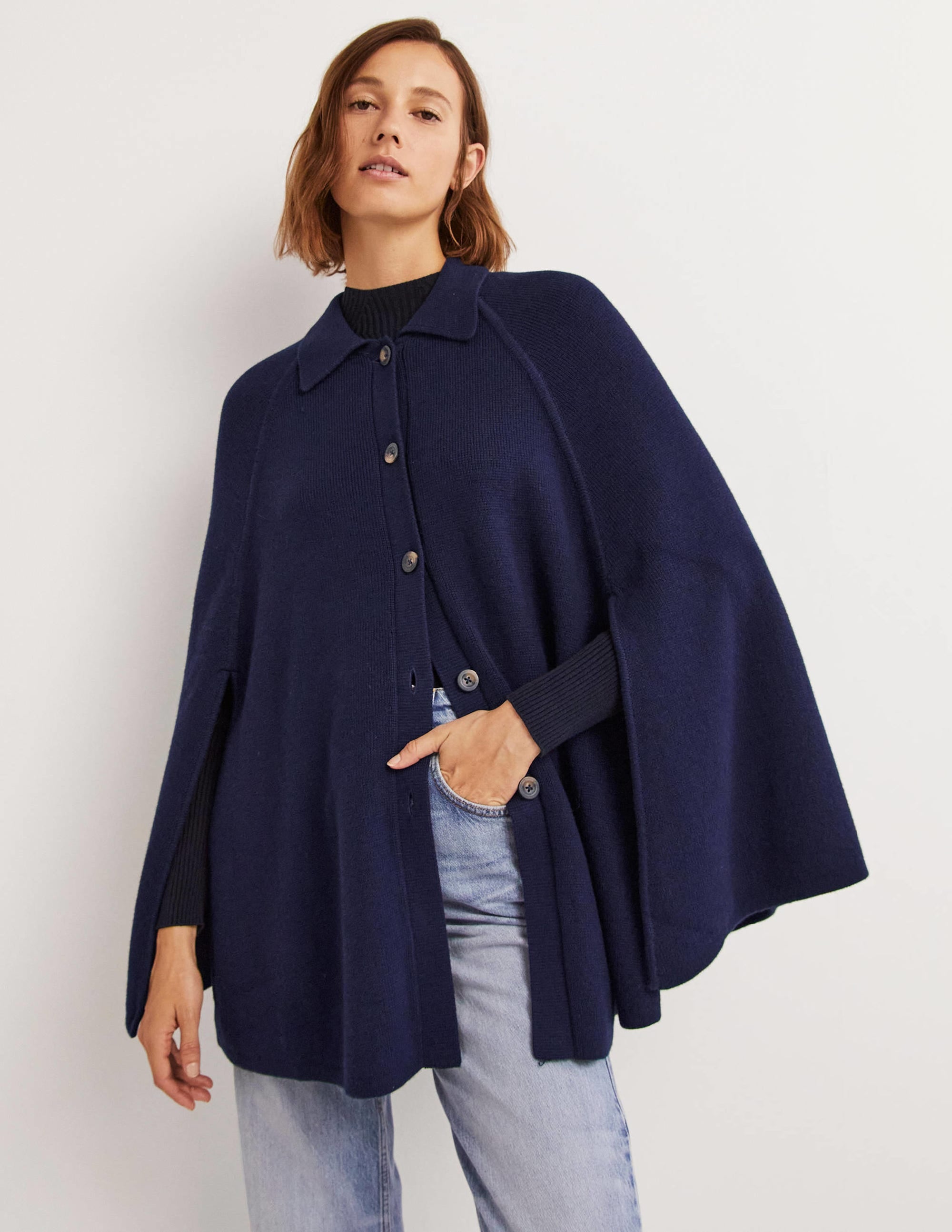 Langer Cardigan im Cape-Stil-Marineblau - Image 1