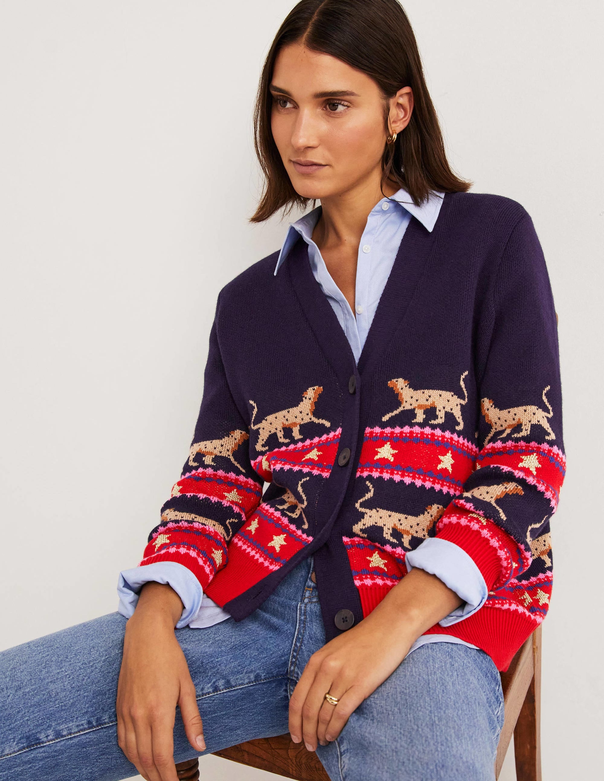 Gilet col V oversize-Léopard jacquard bleu marine - Image 1