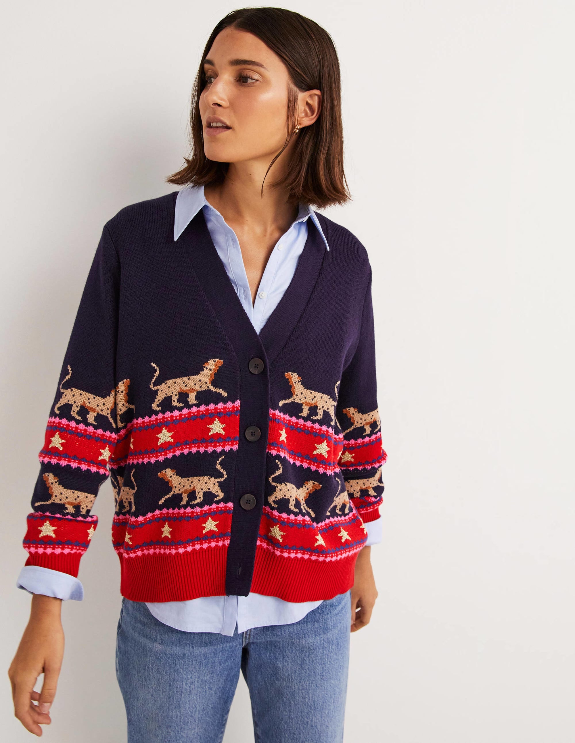 Gilet col V oversize-Léopard jacquard bleu marine - Image 4