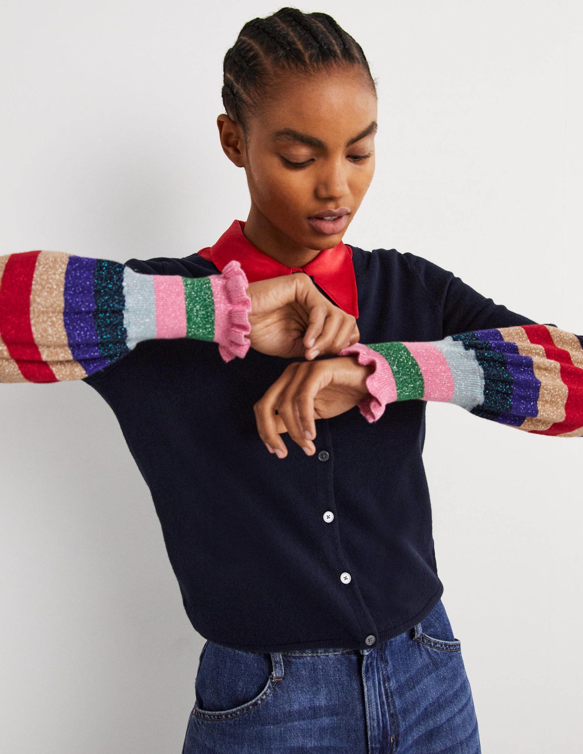 Gilet métallisé et rayé à volants-Poignet multi bleu marine-1