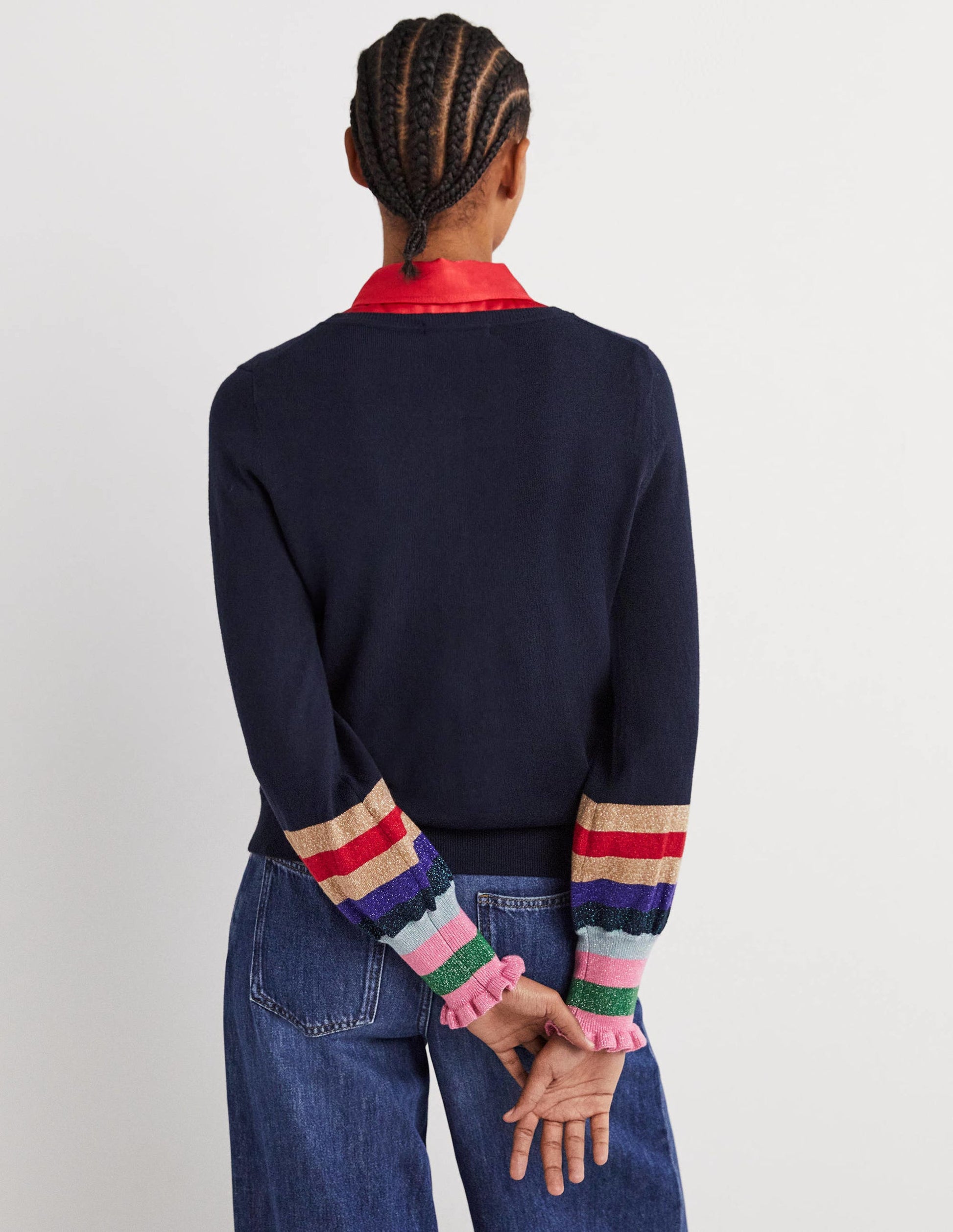 Gilet métallisé et rayé à volants-Poignet multi bleu marine-3