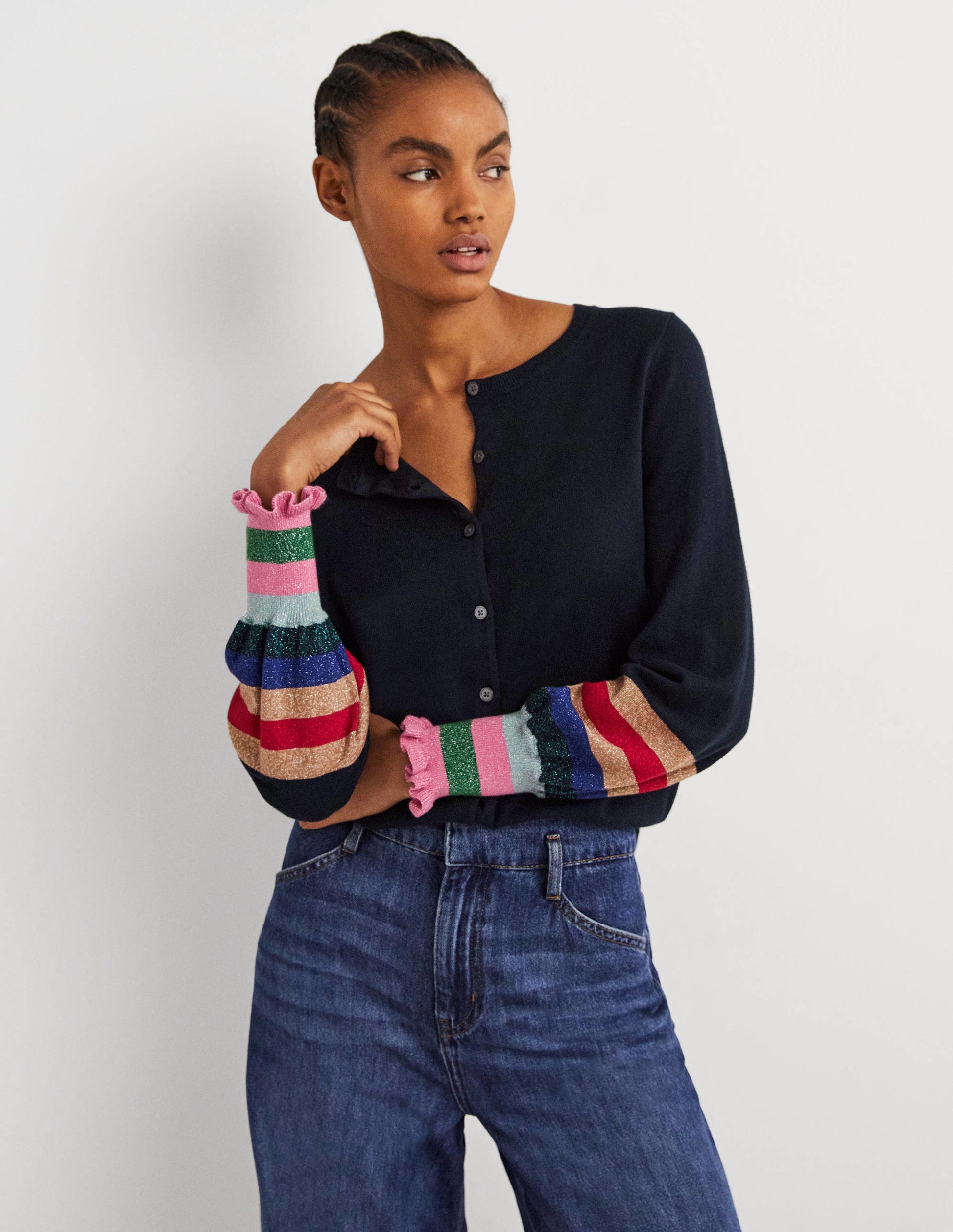 Gilet métallisé et rayé à volants-Poignet multi bleu marine-4