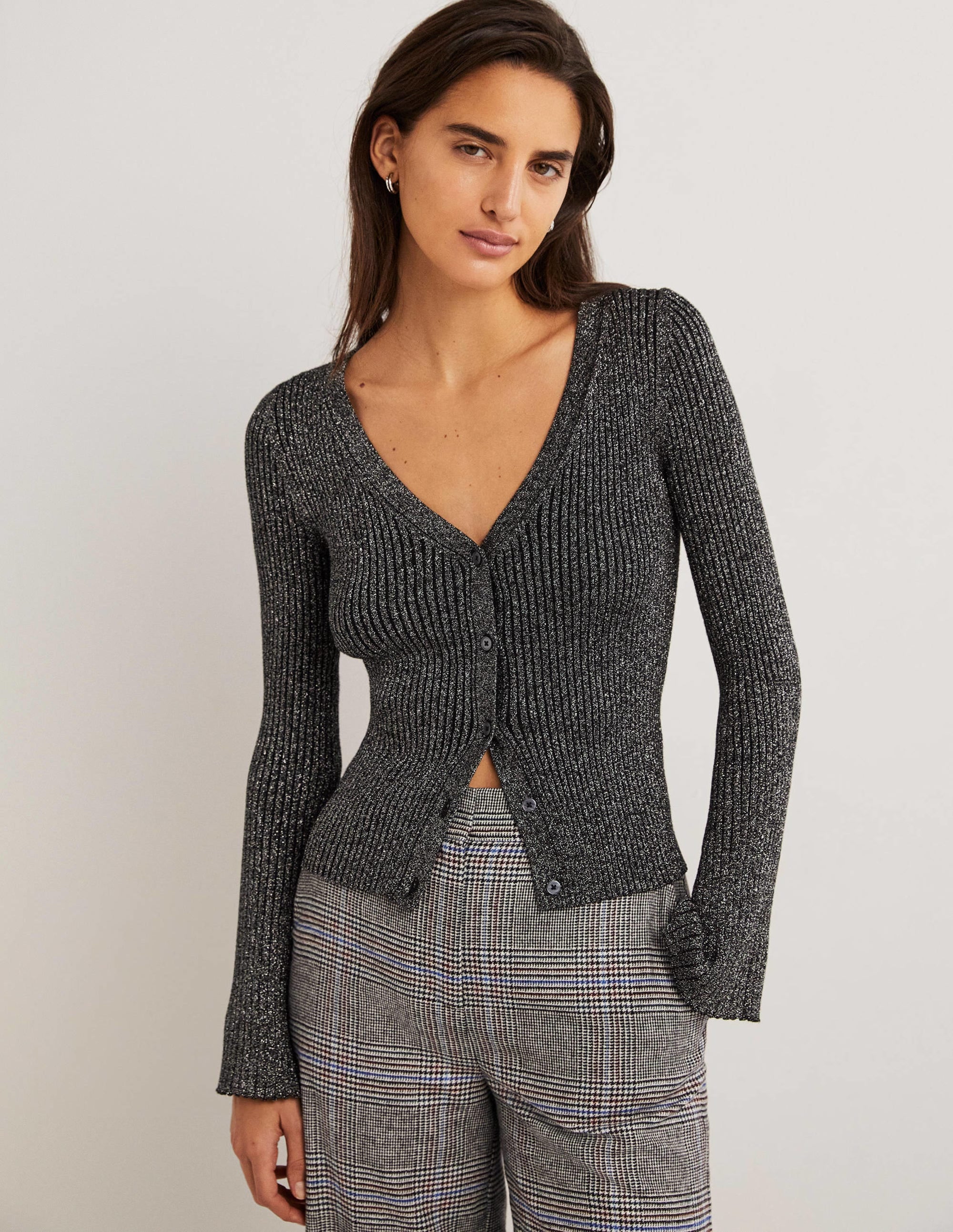 Black Ribbed Metallic Cardigan-Argenté, noir - Image 1