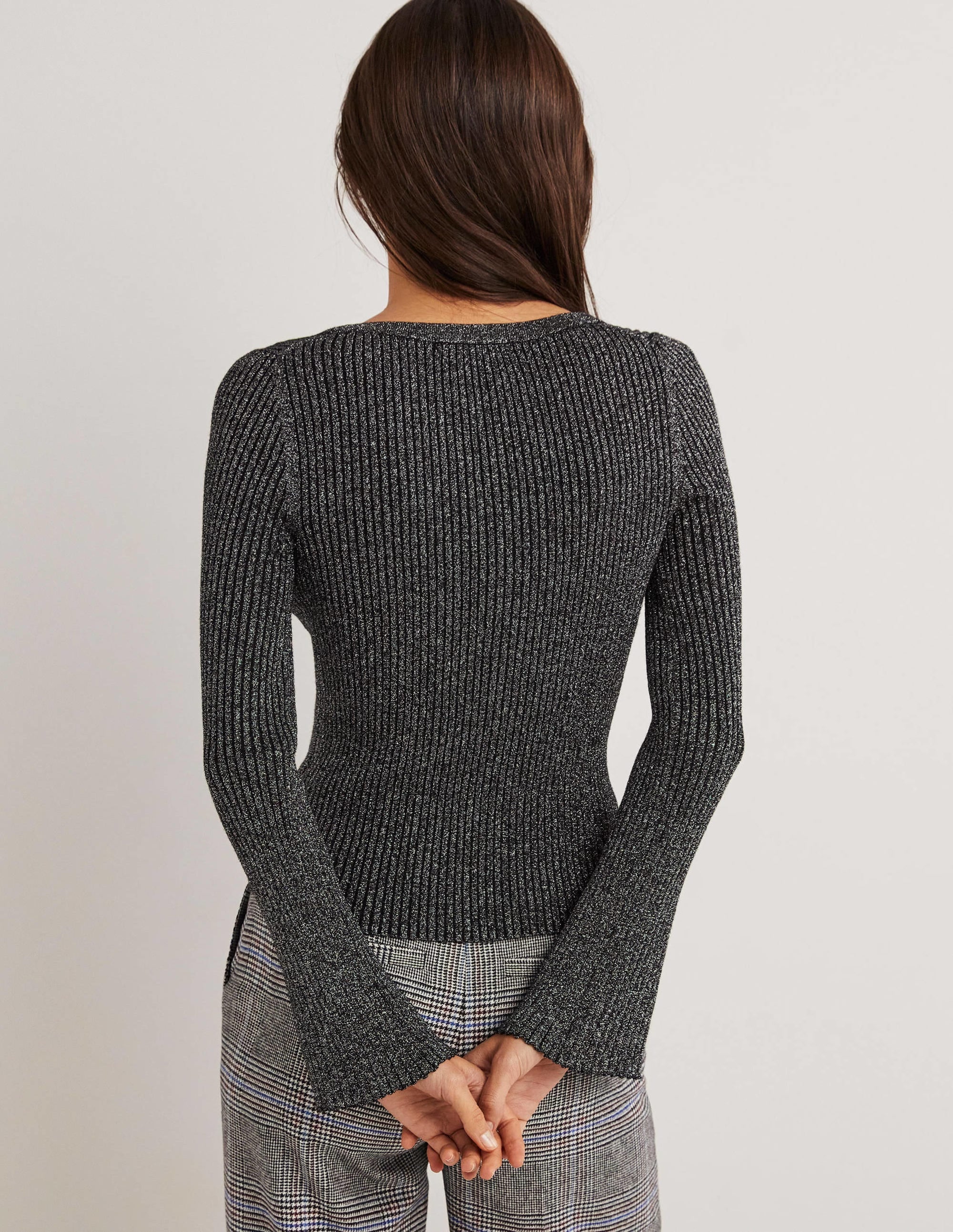 Black Ribbed Metallic Cardigan-Argenté, noir - Image 3