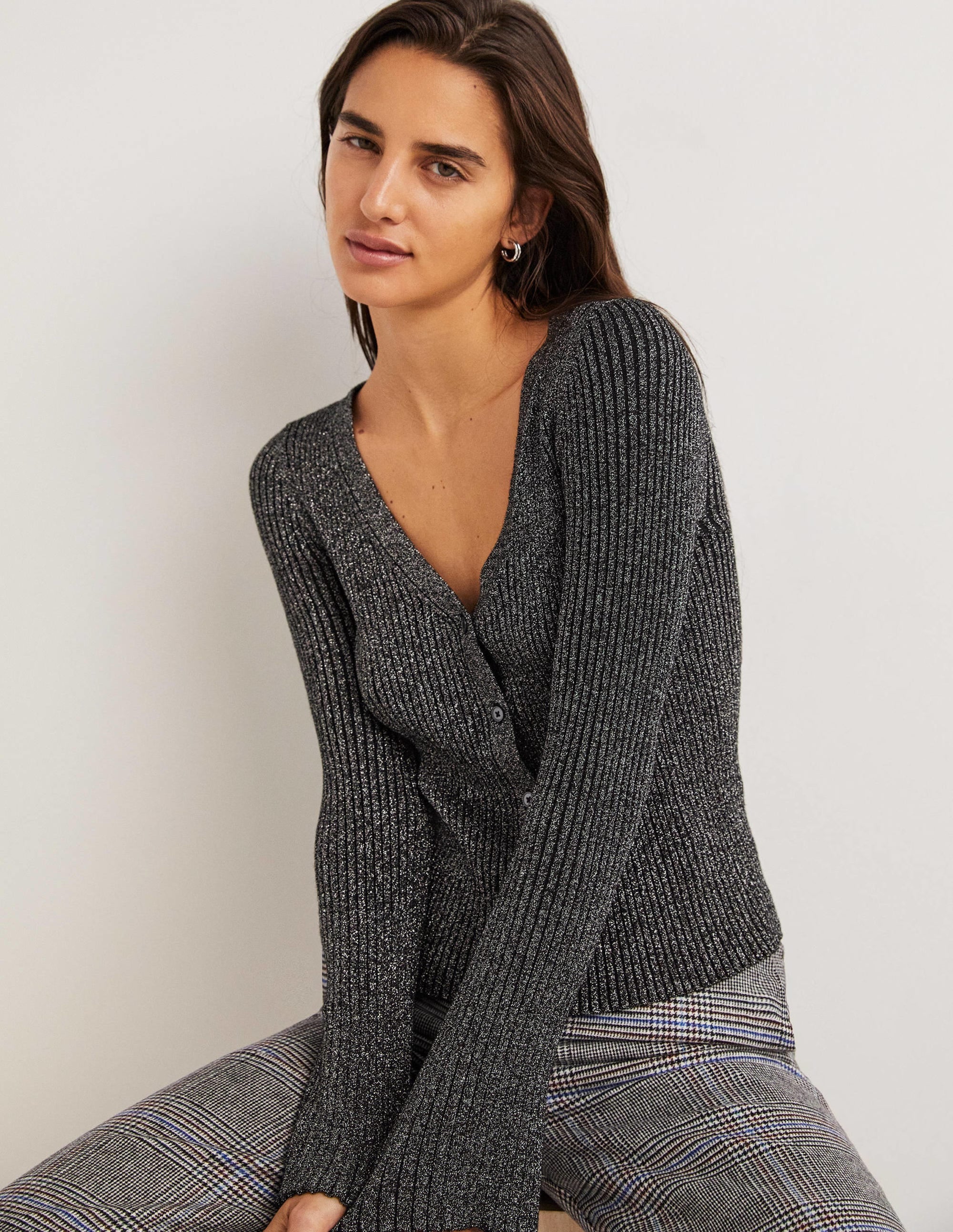 Black Ribbed Metallic Cardigan-Argenté, noir - Image 4